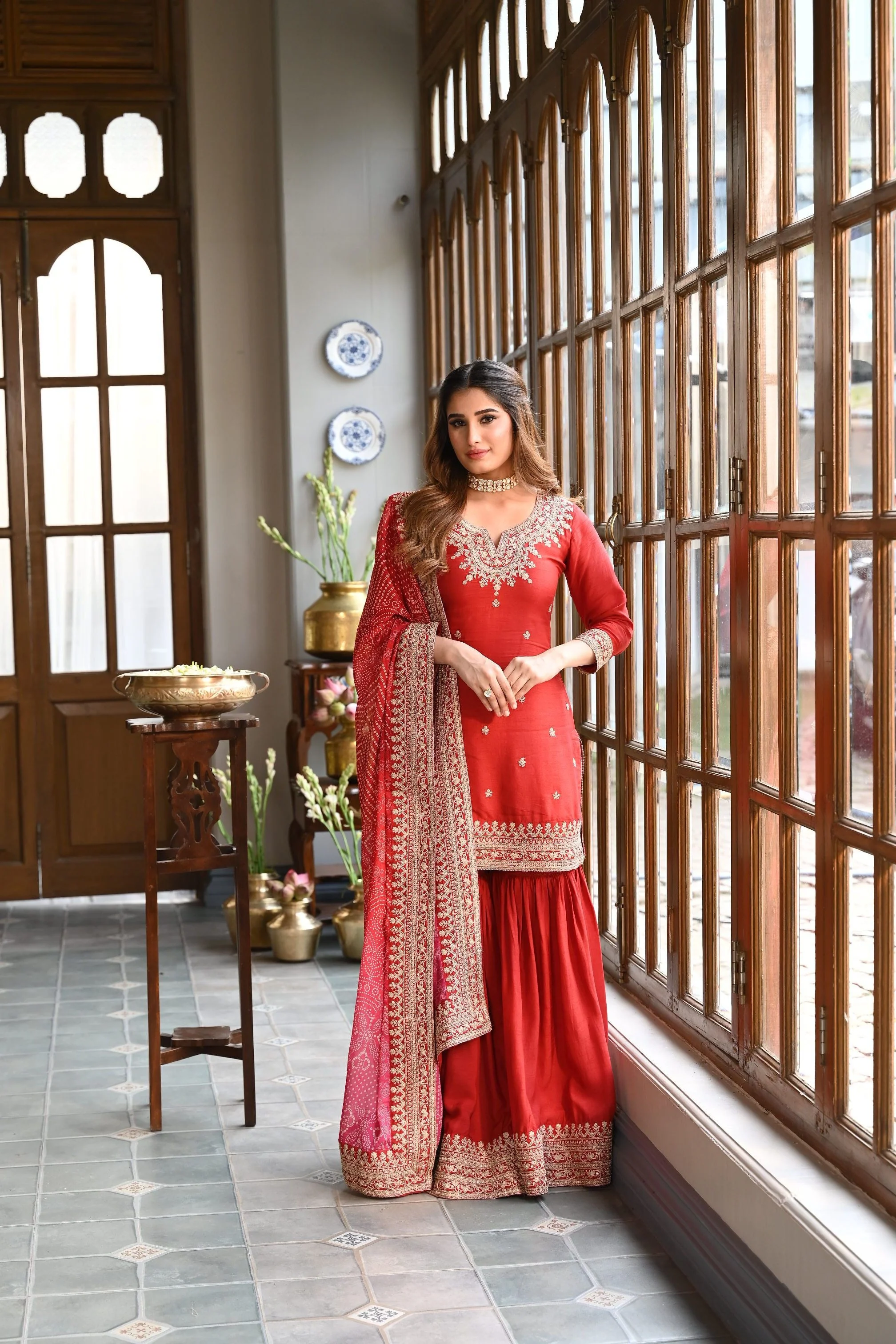 Red Embellished Pure Dola Silk Sharara Set - Image 3