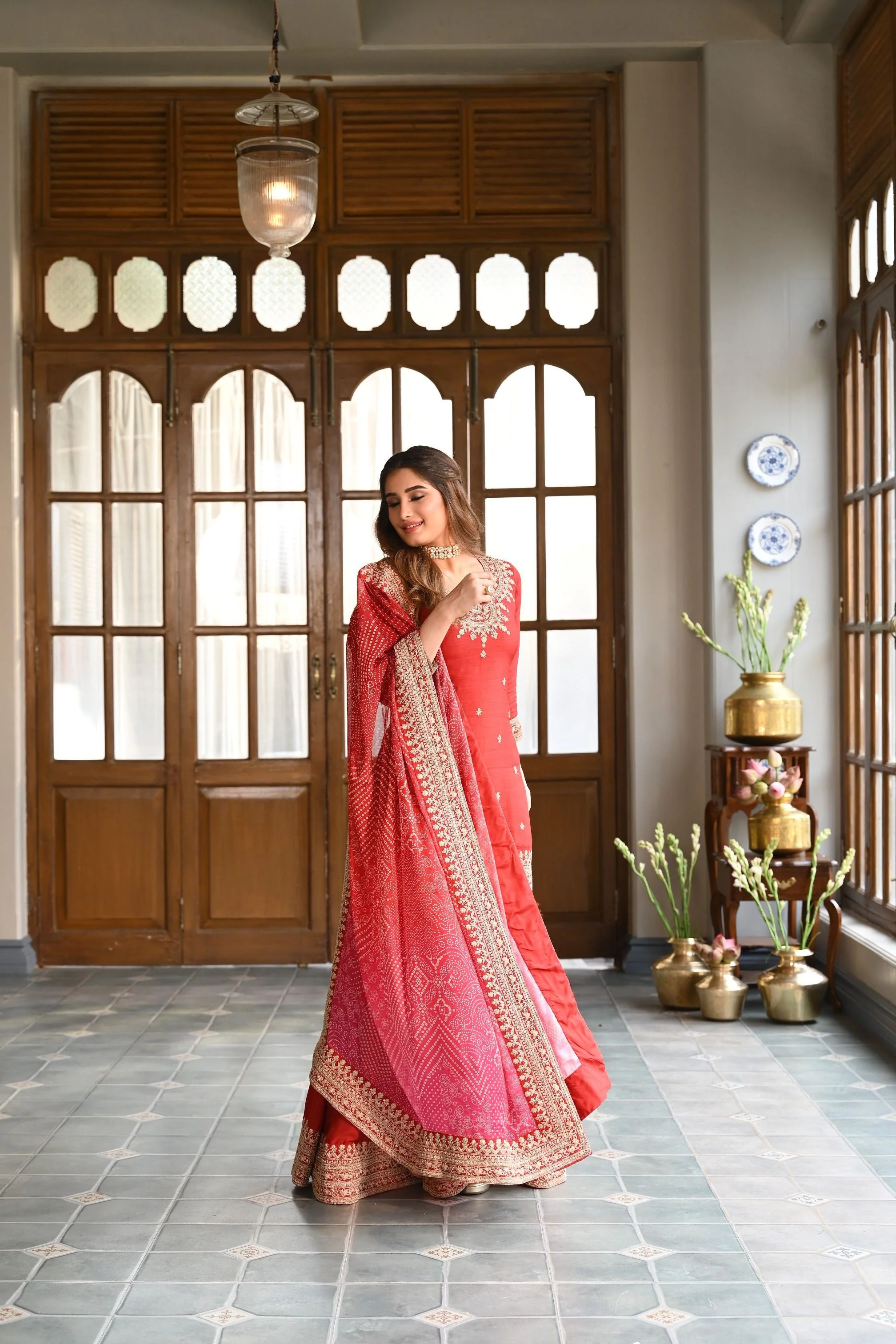 Red Embellished Pure Dola Silk Sharara Set - Image 4