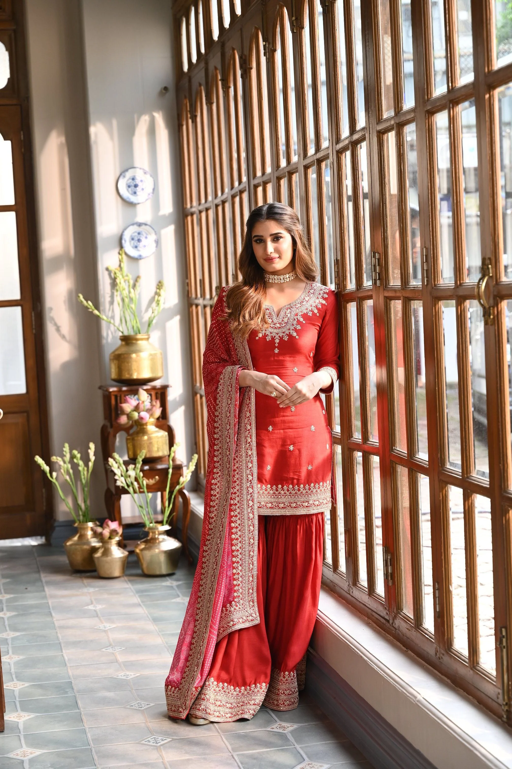Red Embellished Pure Dola Silk Sharara Set - Image 5