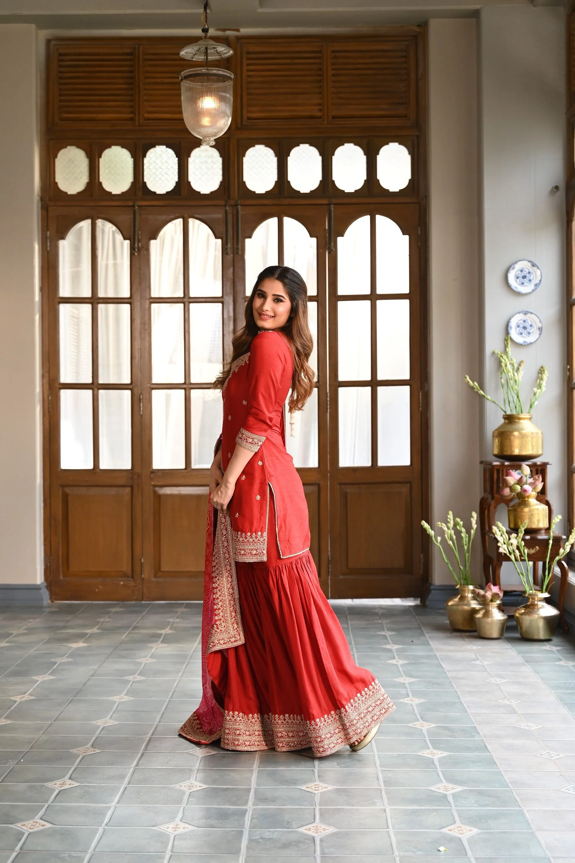 Red Embellished Pure Dola Silk Sharara Set - Image 6