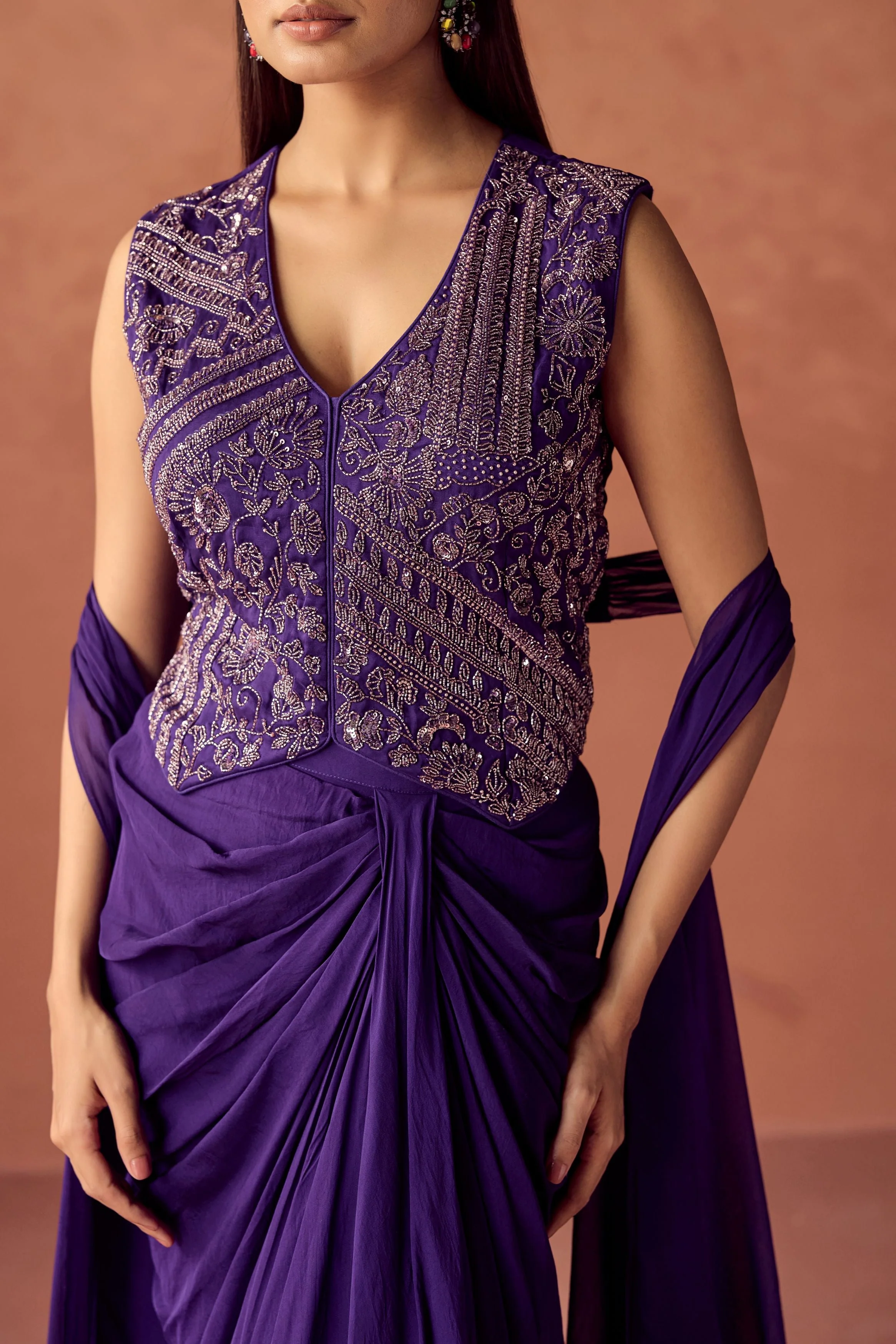 Dark Purple Embellished Organza Silk Skirt Set - Image 2