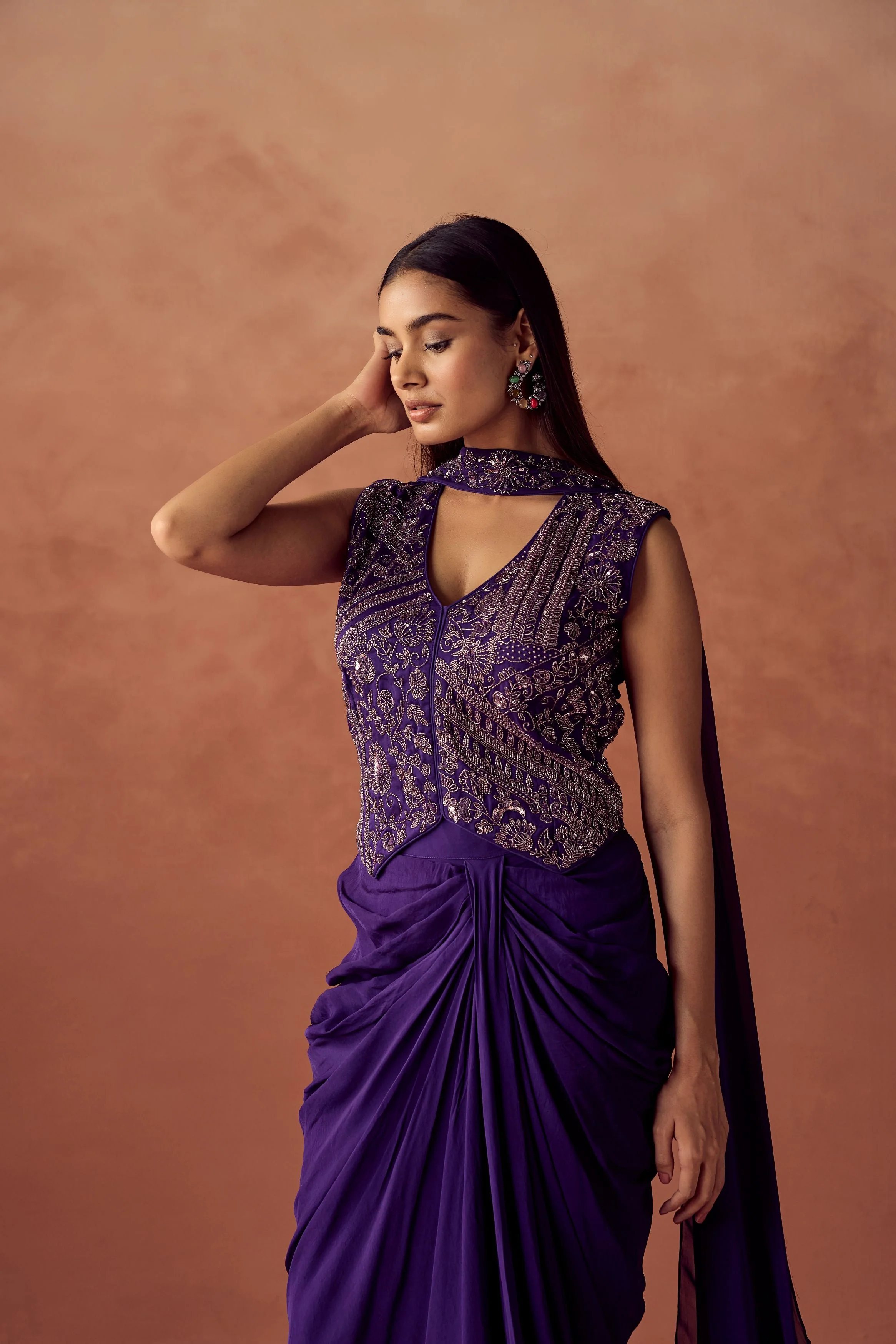 Dark Purple Embellished Organza Silk Skirt Set - Image 3
