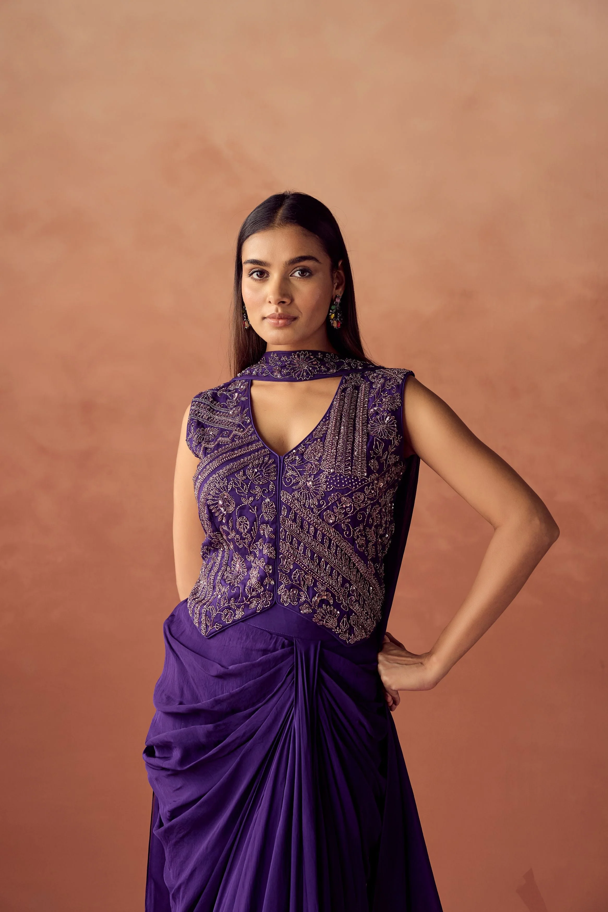 Dark Purple Embellished Organza Silk Skirt Set - Image 4