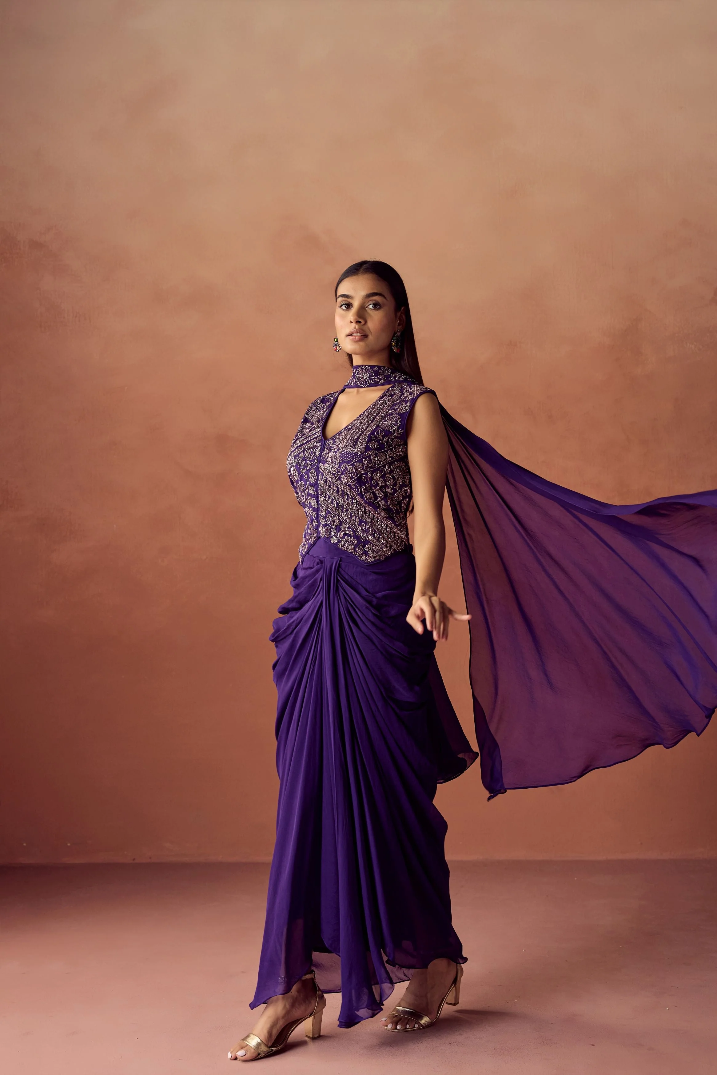 Dark Purple Embellished Organza Silk Skirt Set - Image 5