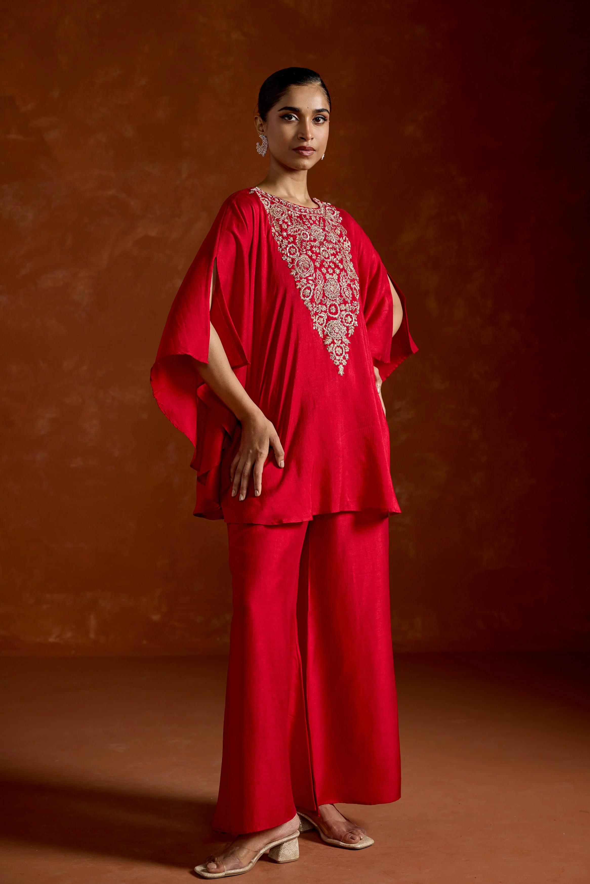 Scarlet Radiance Embellished Raw Silk Kaftan Set