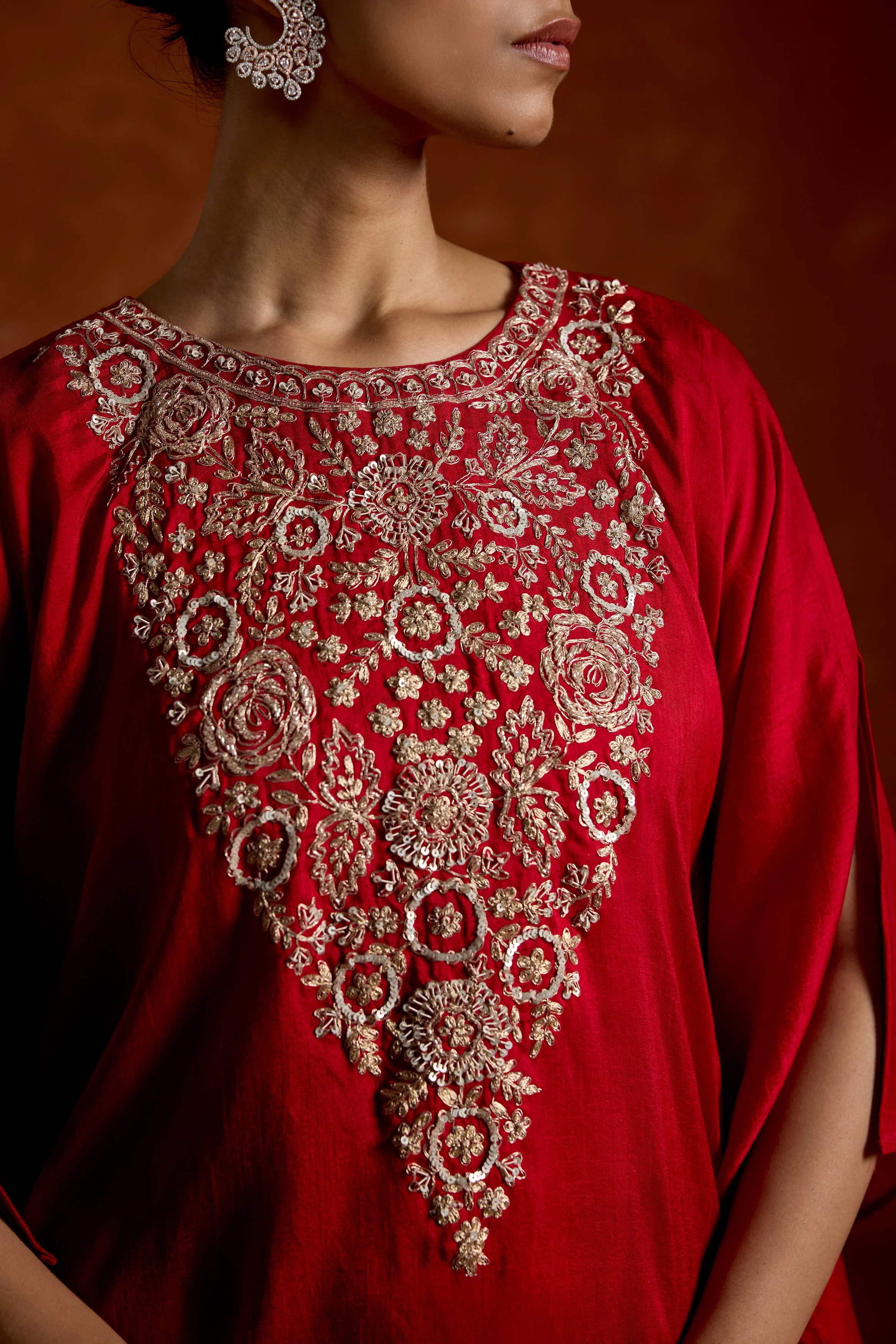 Scarlet Radiance Embellished Raw Silk Kaftan Set - Image 2