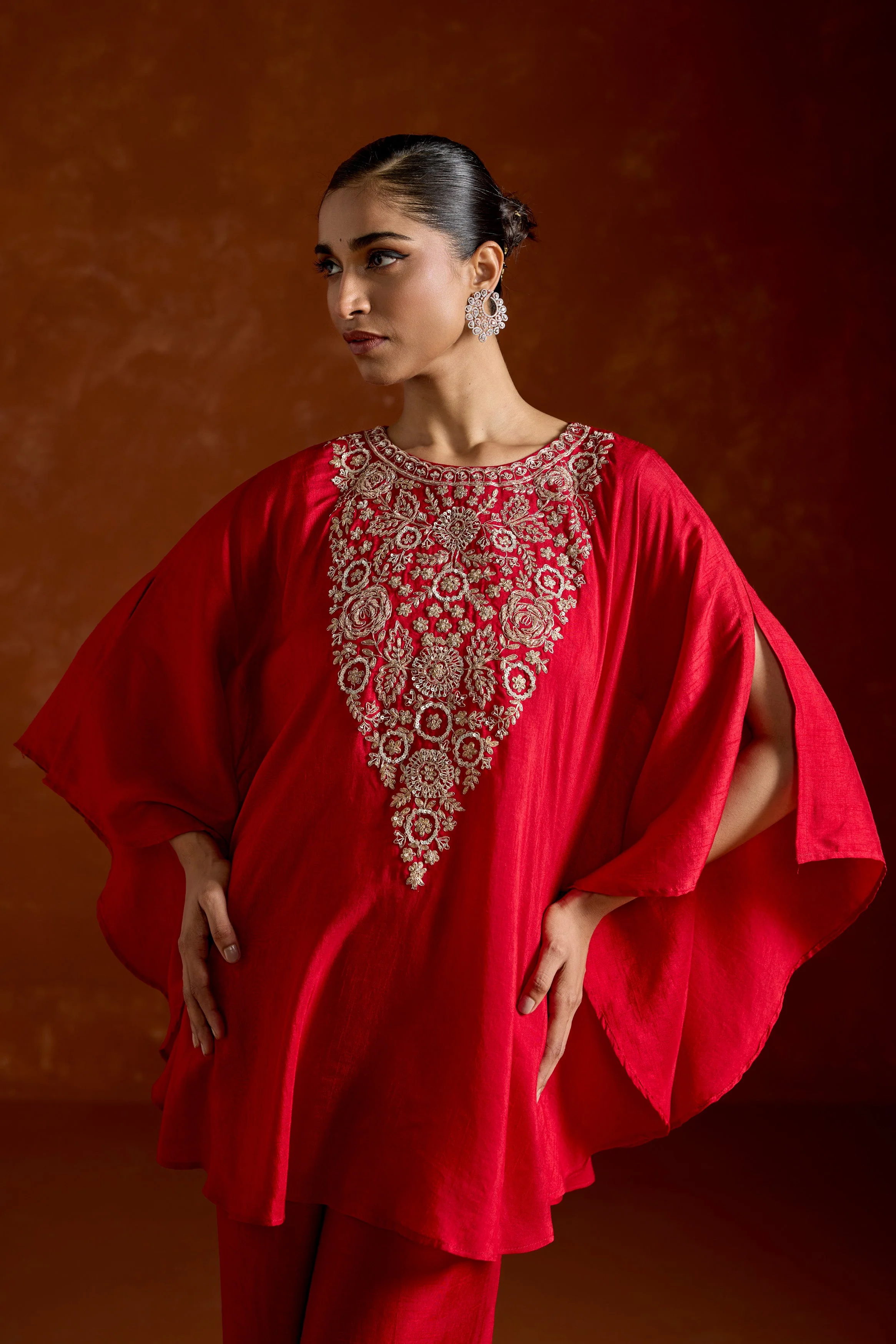 Scarlet Radiance Embellished Raw Silk Kaftan Set - Image 3