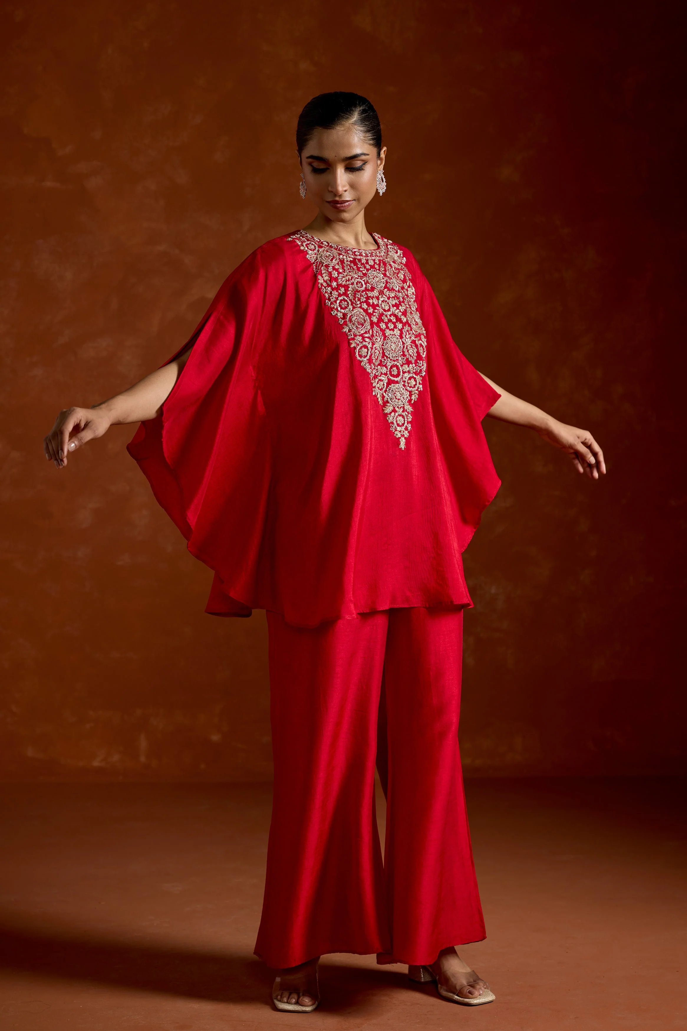 Scarlet Radiance Embellished Raw Silk Kaftan Set - Image 4