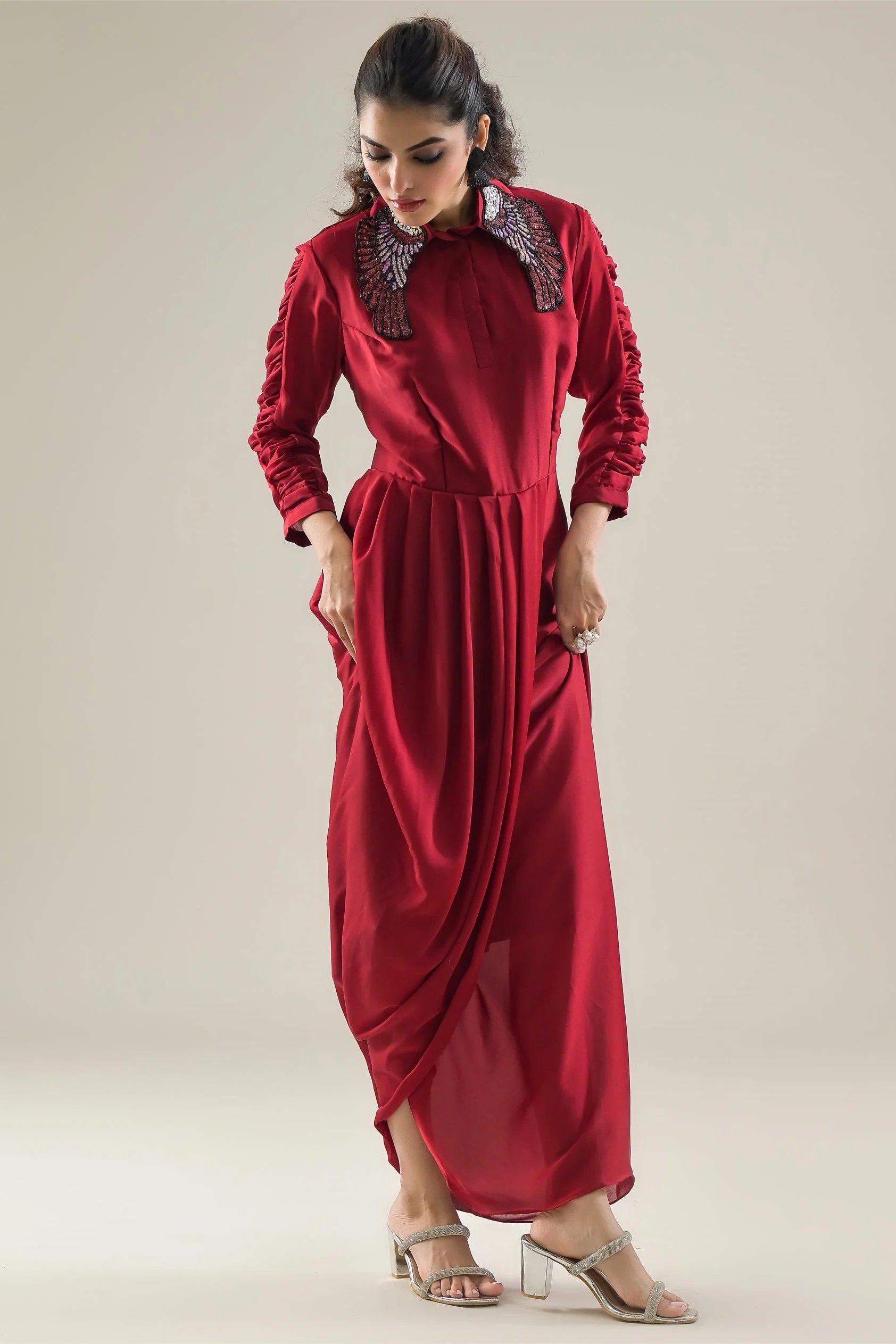 Red Embellished Satin Silk Dress - Image 3