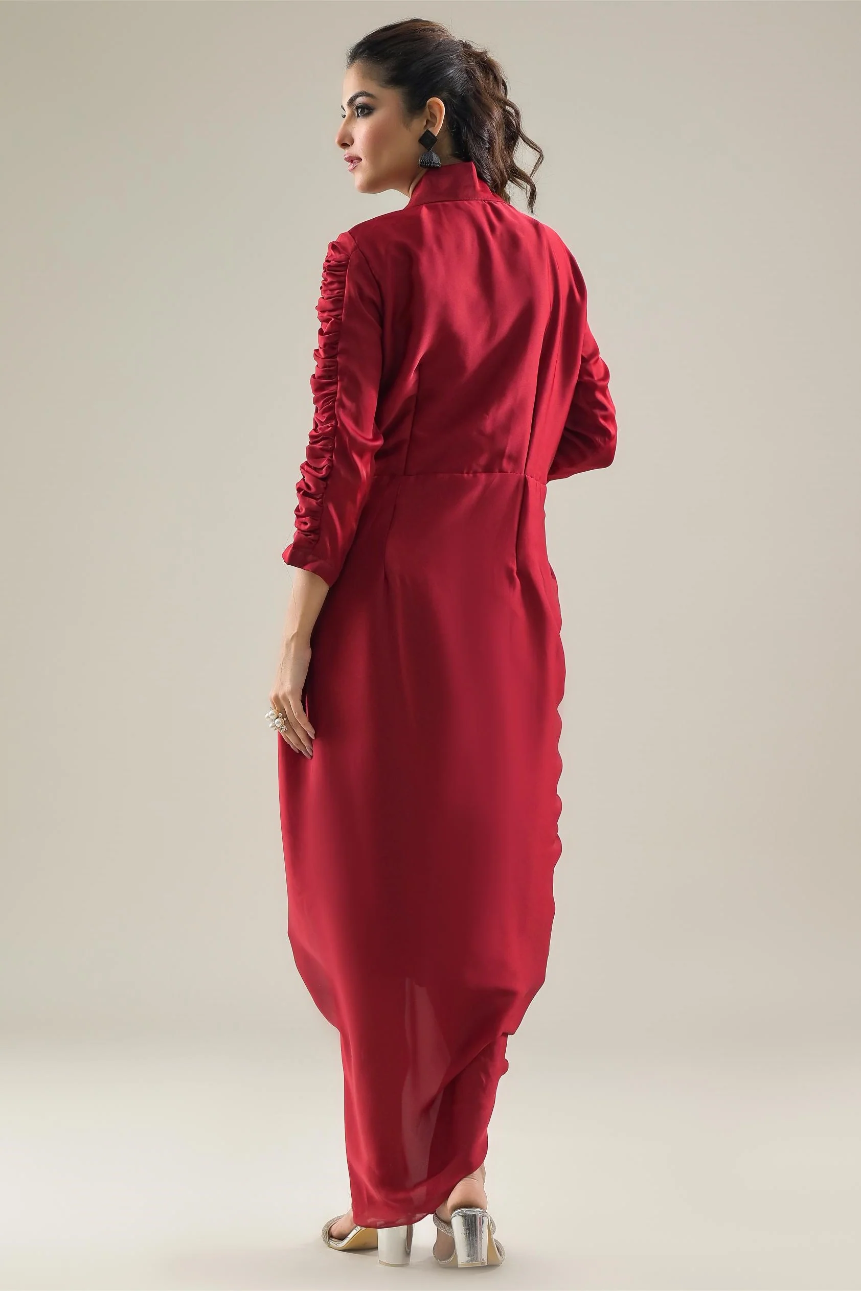 Red Embellished Satin Silk Dress - Image 4