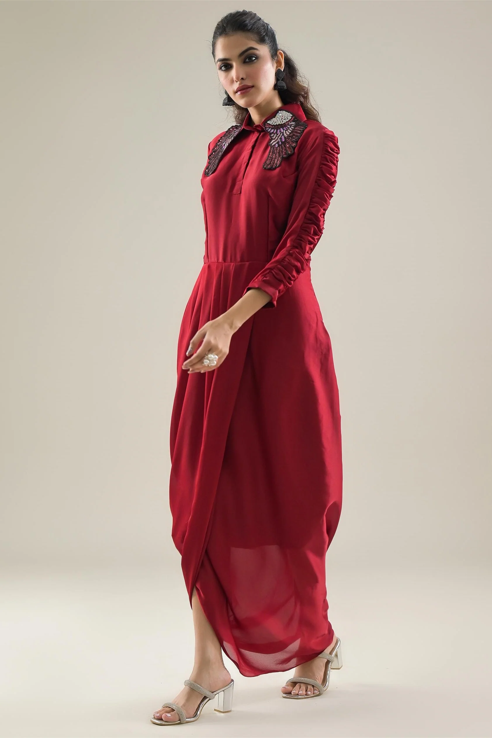 Red Embellished Satin Silk Dress - Image 5