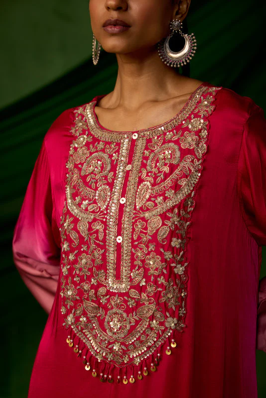 Red Embellished Satin Silk Kurta Set - Image 2