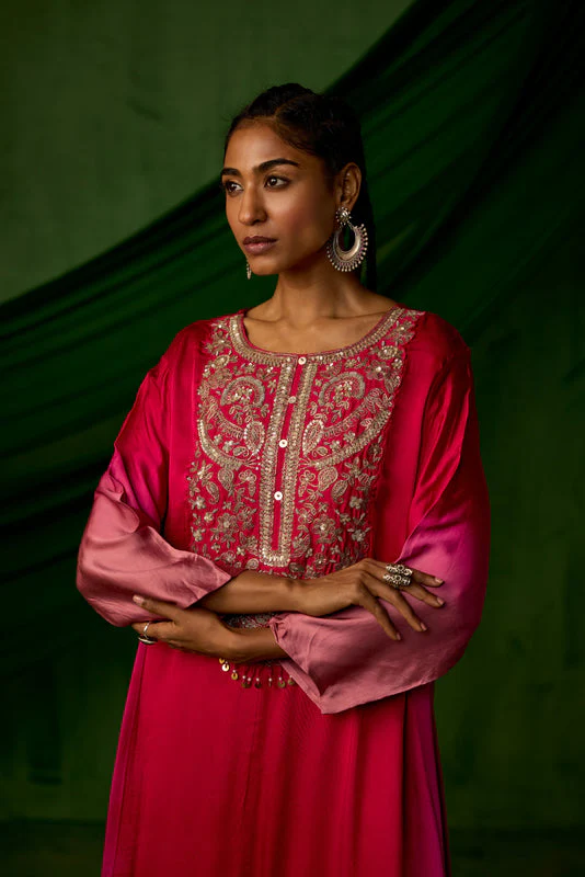 Red Embellished Satin Silk Kurta Set - Image 3