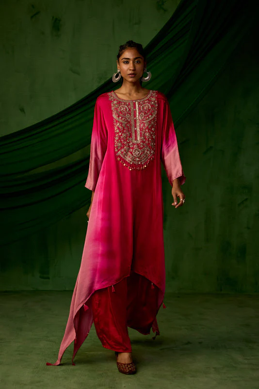 Red Embellished Satin Silk Kurta Set - Image 4