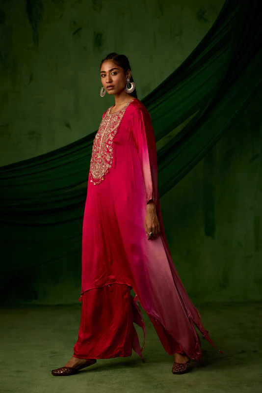 Red Embellished Satin Silk Kurta Set - Image 5