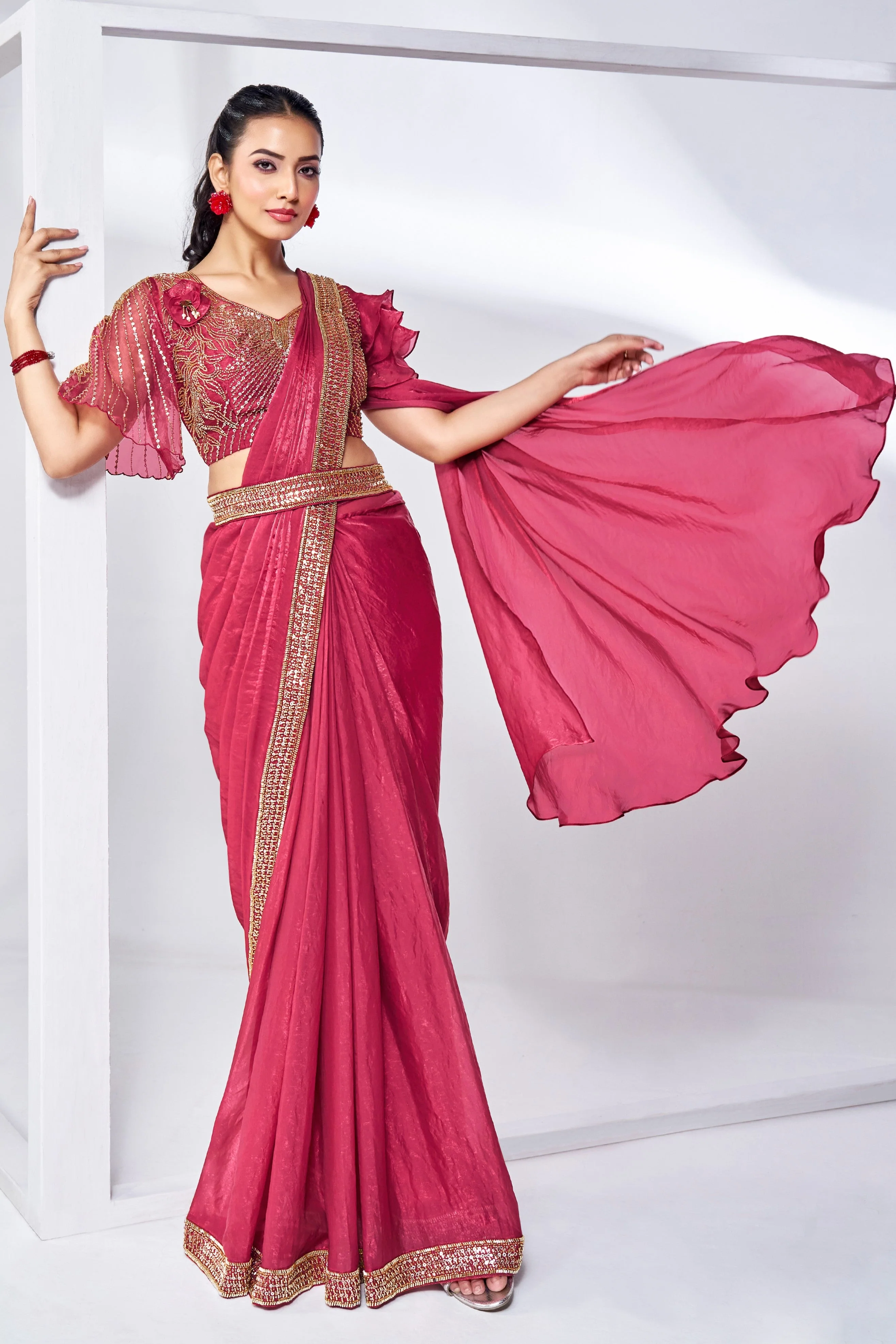 Red Handwork Satin Silk Saree - Image 3