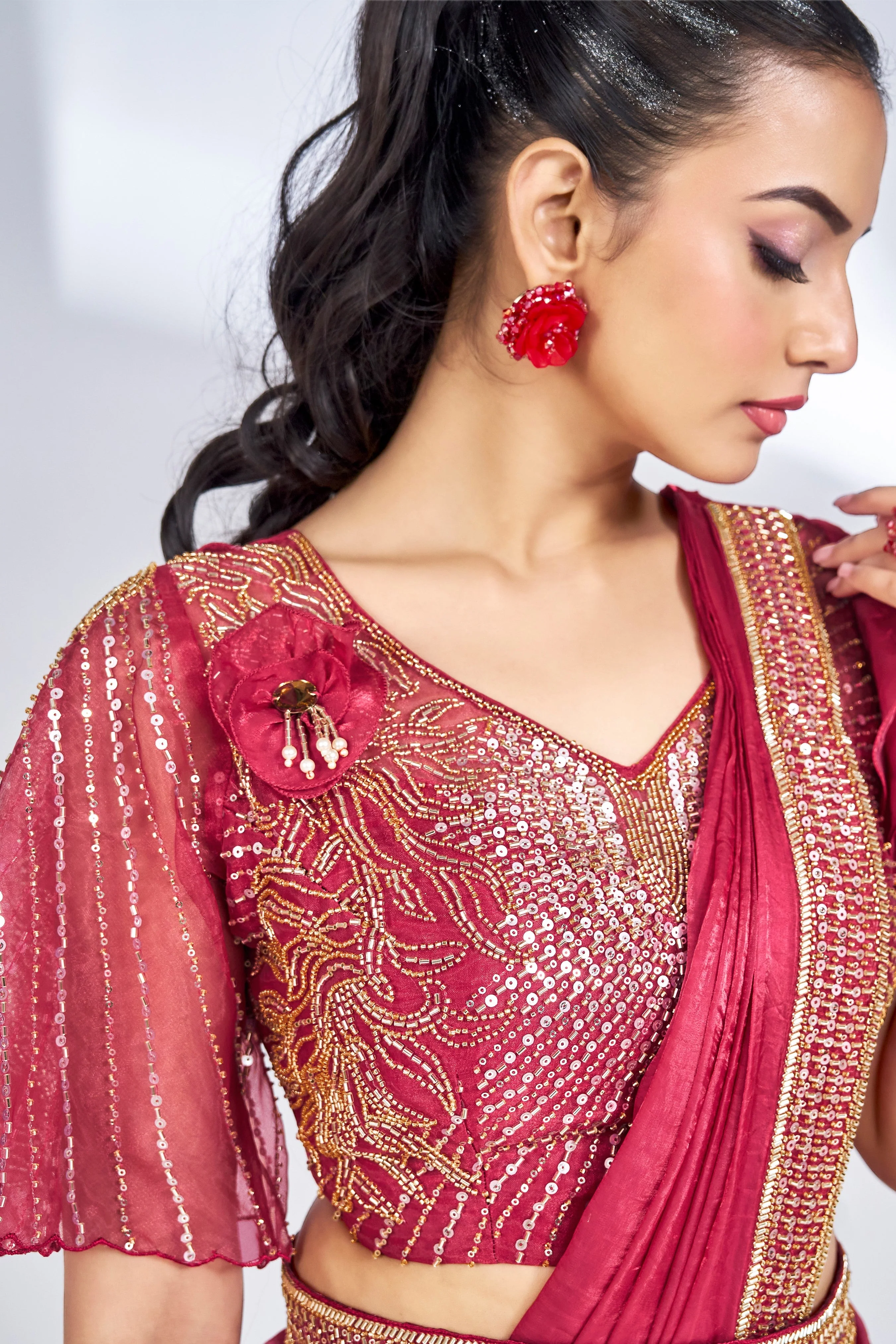 Red Handwork Satin Silk Saree - Image 4