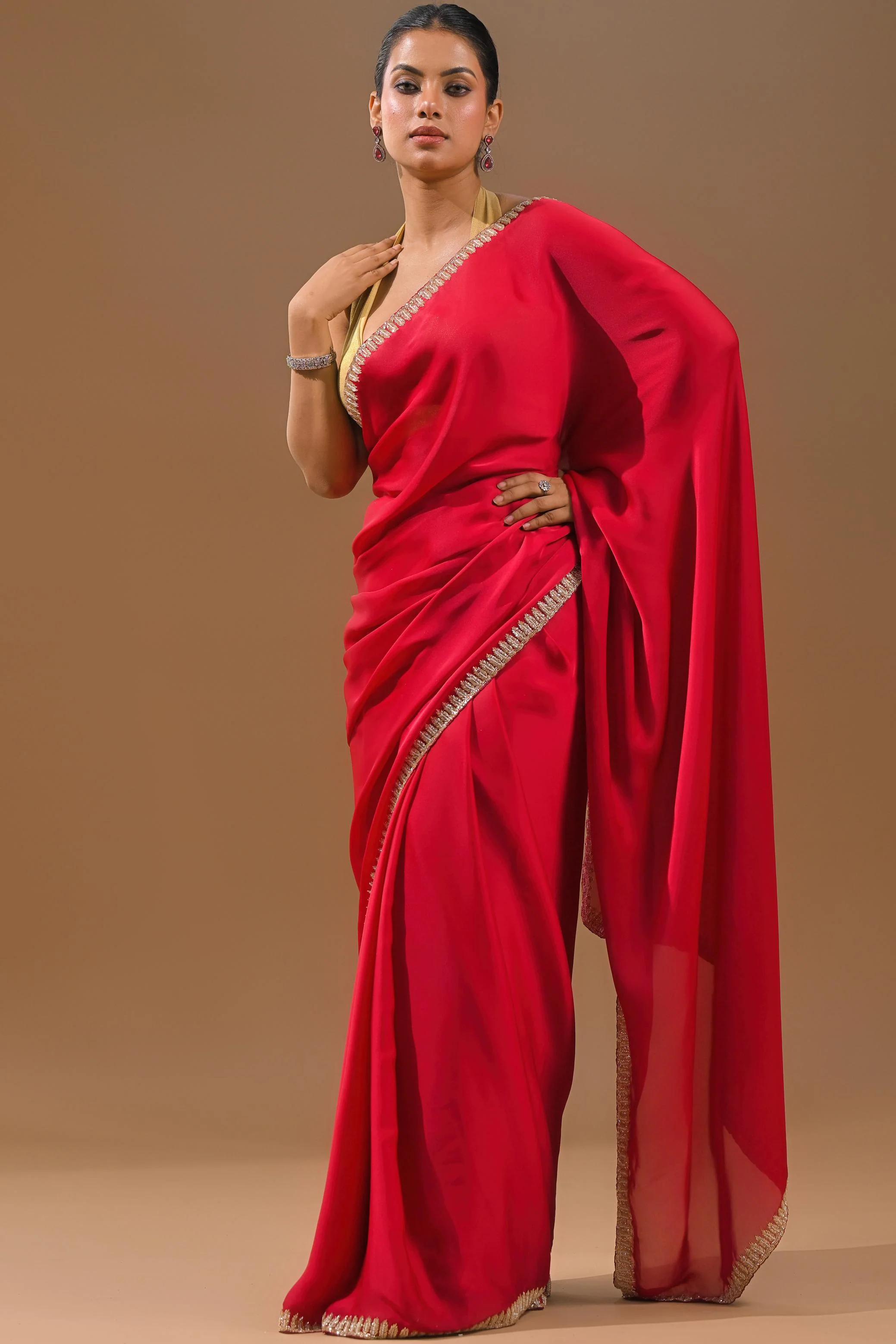 Red Embellished Satin Silk Saree - Image 2