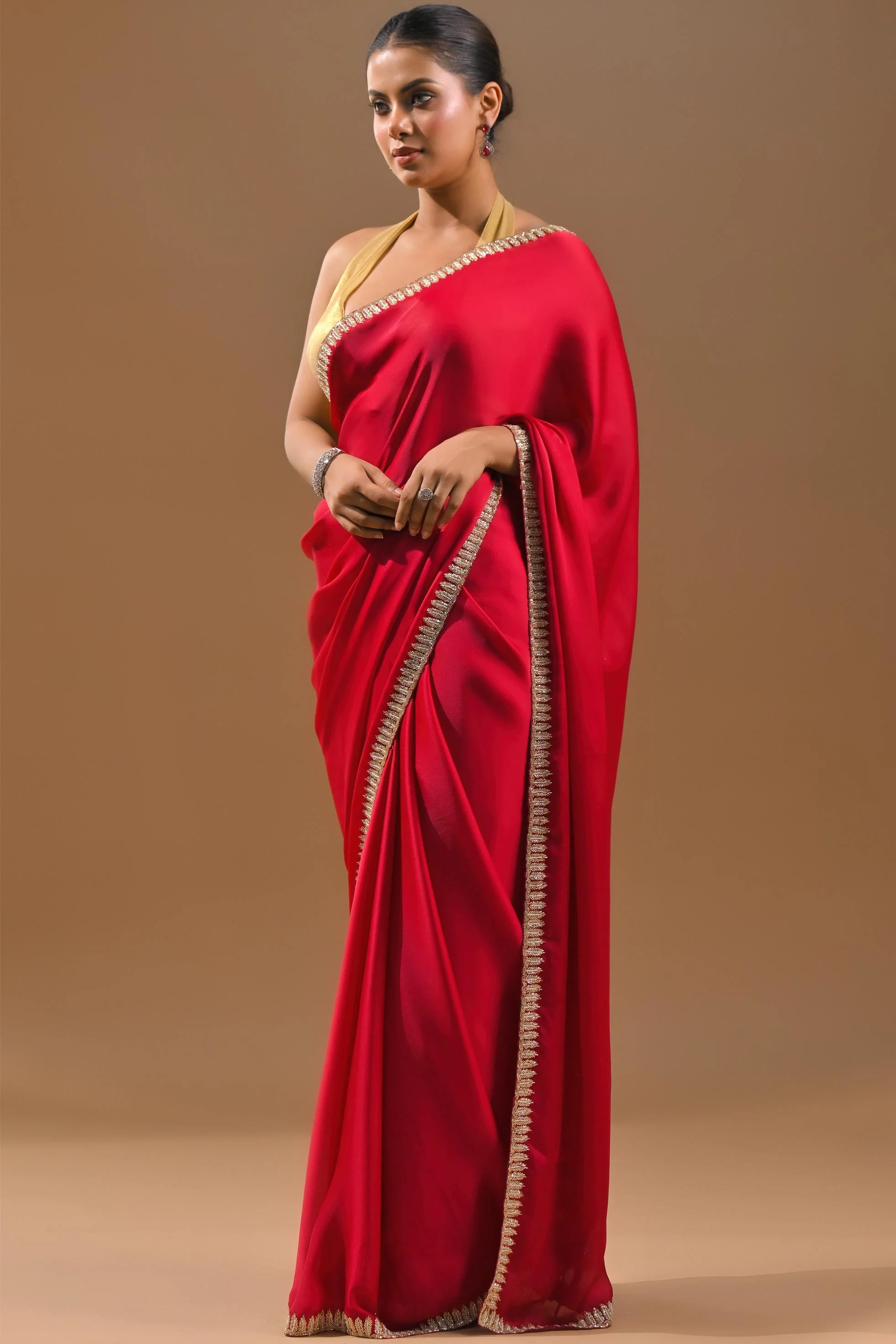 Red Embellished Satin Silk Saree - Image 3