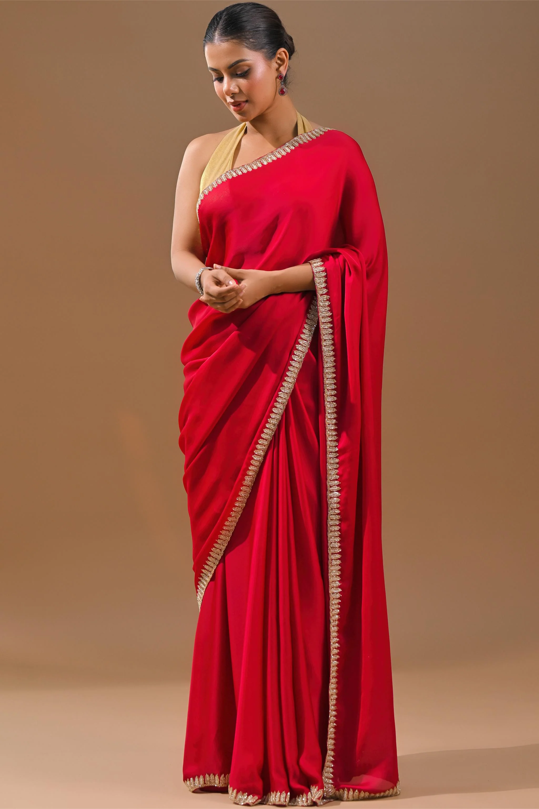 Red Embellished Satin Silk Saree - Image 4