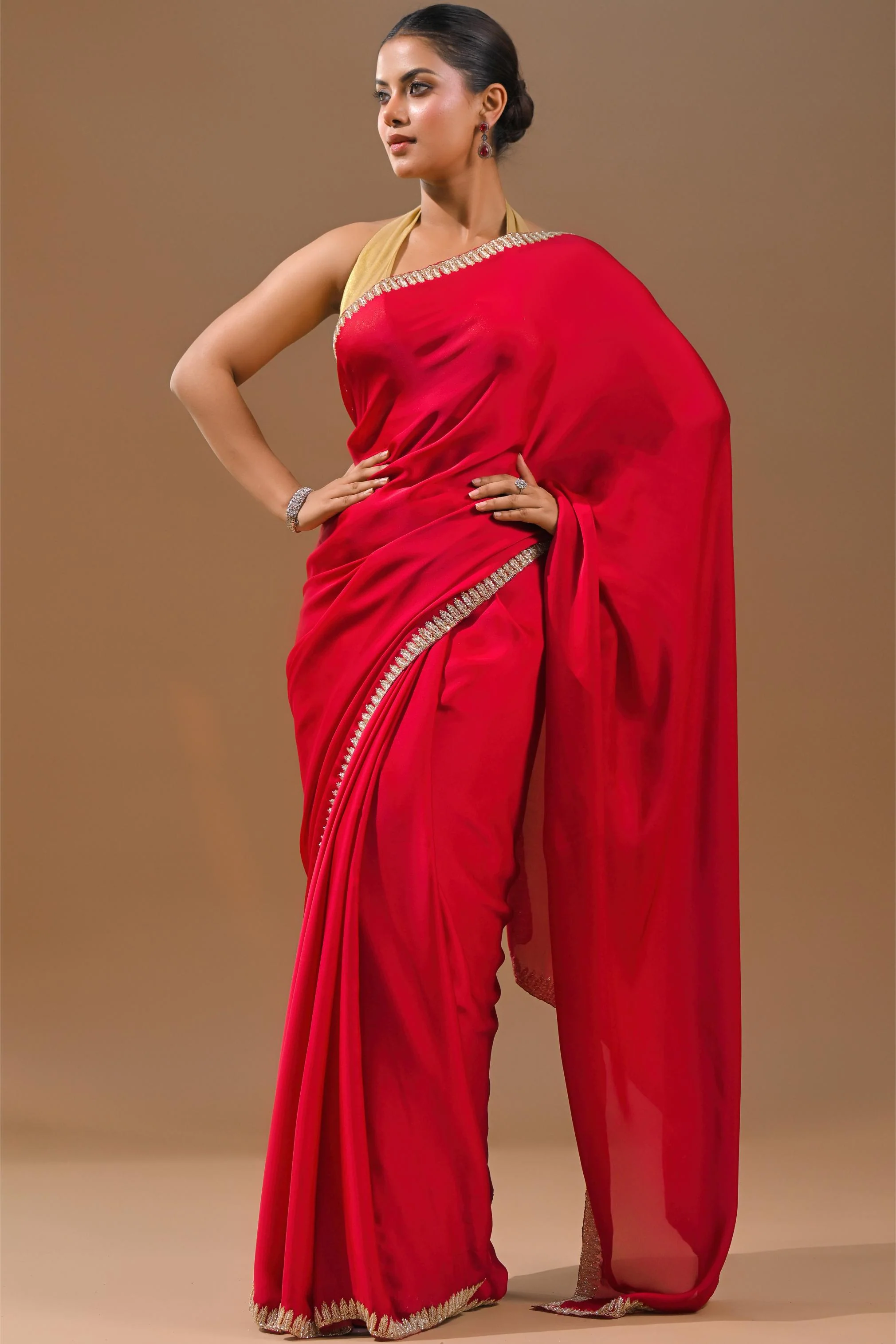 Red Embellished Satin Silk Saree - Image 5