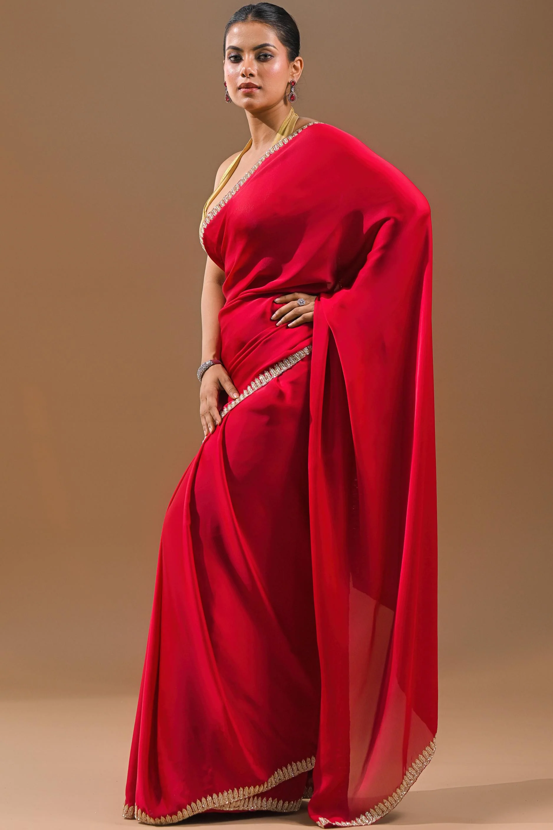 Red Embellished Satin Silk Saree - Image 6