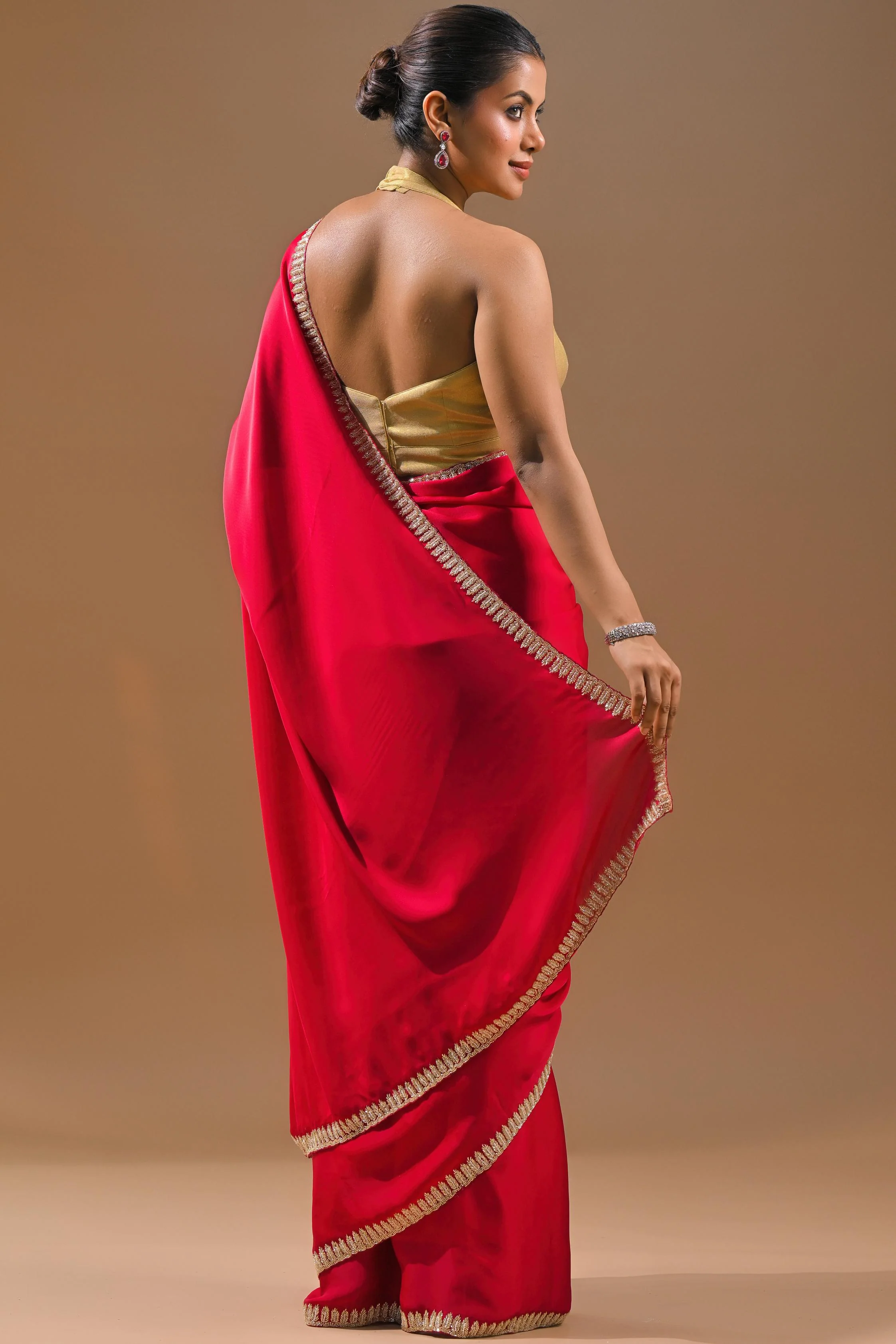Red Embellished Satin Silk Saree - Image 7