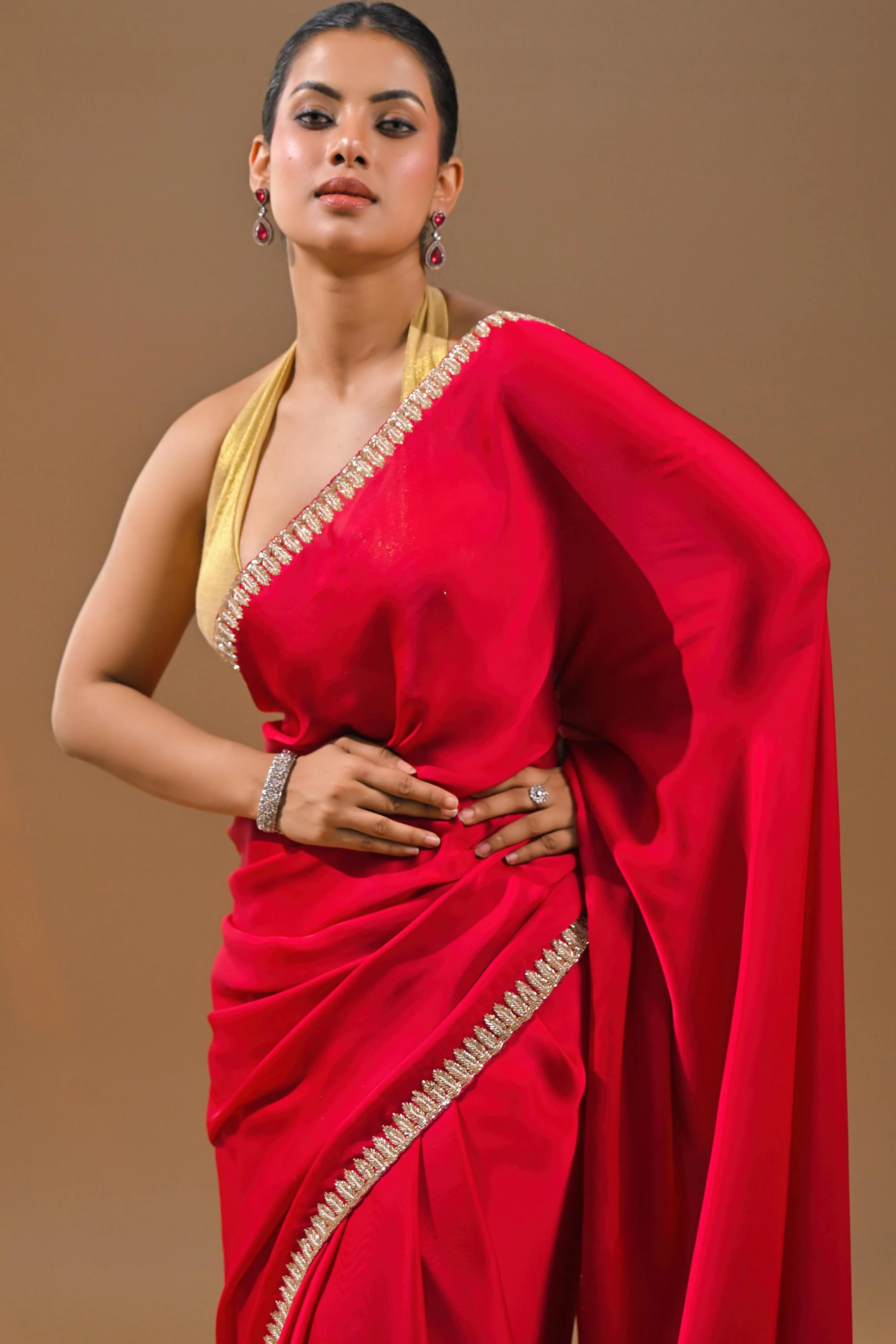 Red Embellished Satin Silk Saree - Image 8
