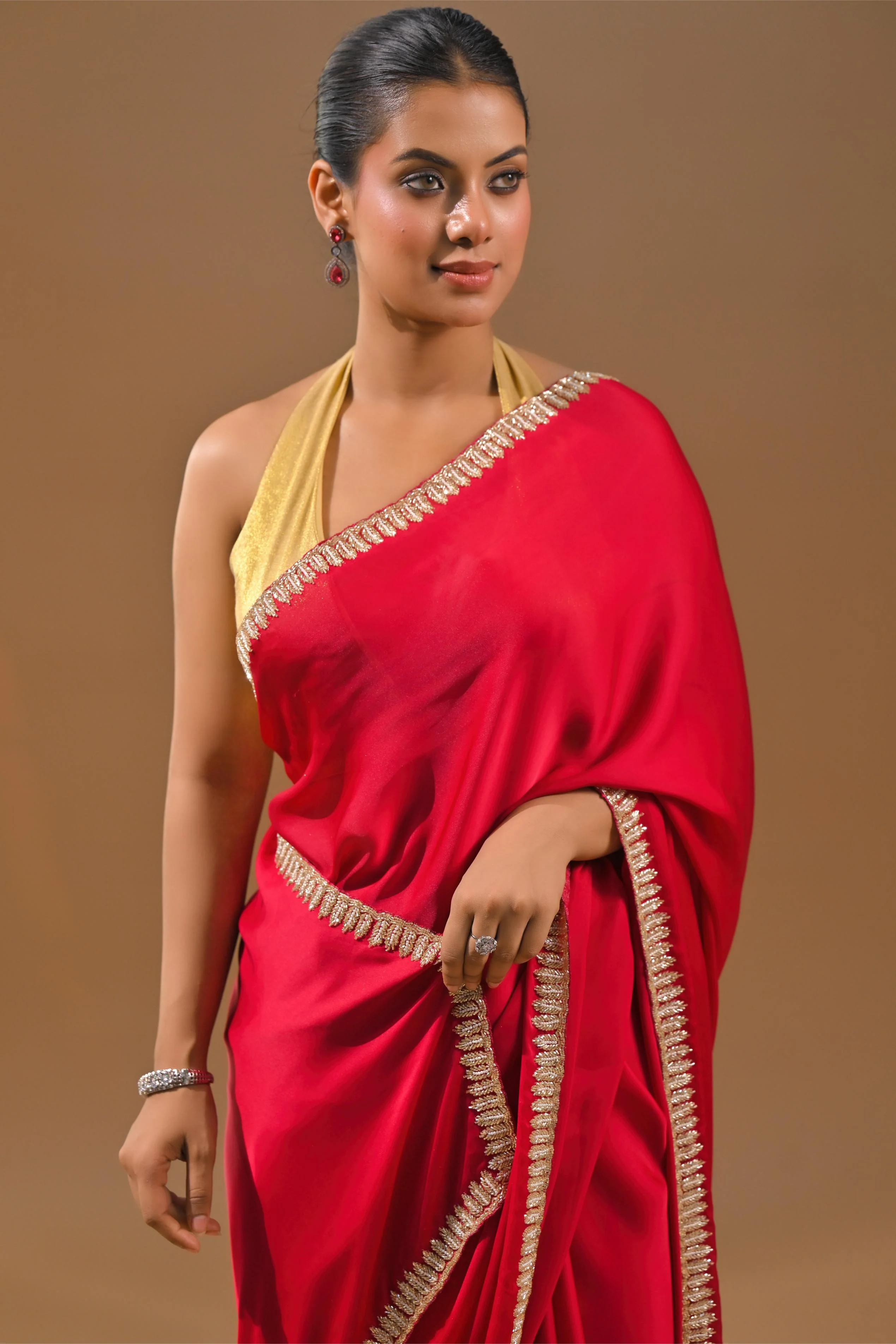 Red Embellished Satin Silk Saree - Image 9