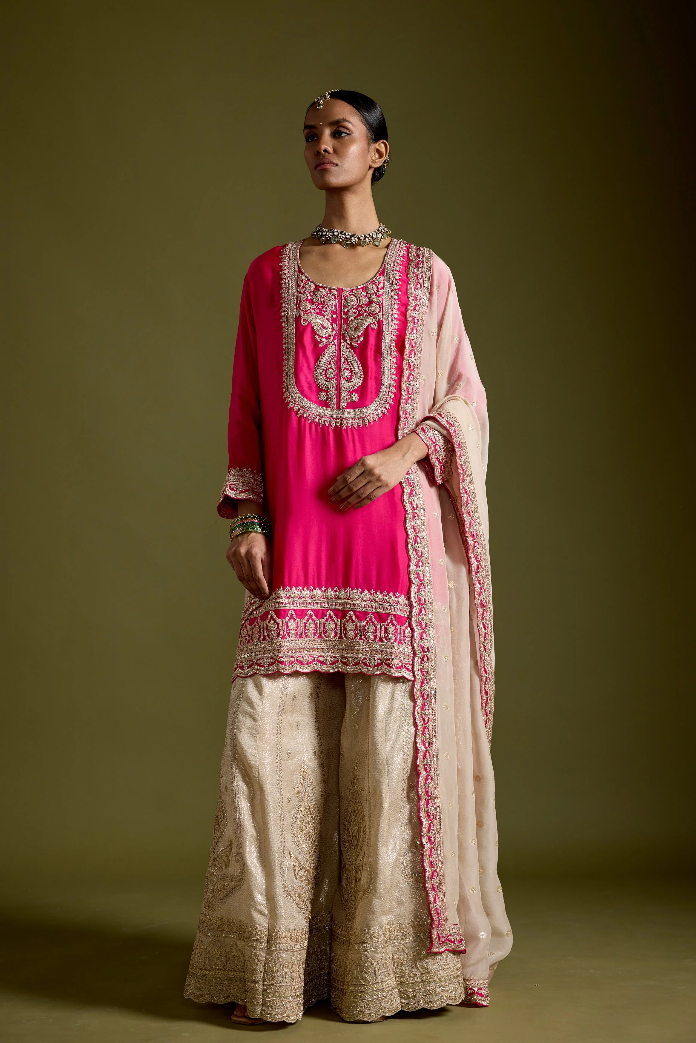 Pink Embellished Satin Silk Sharara Set - Image 5