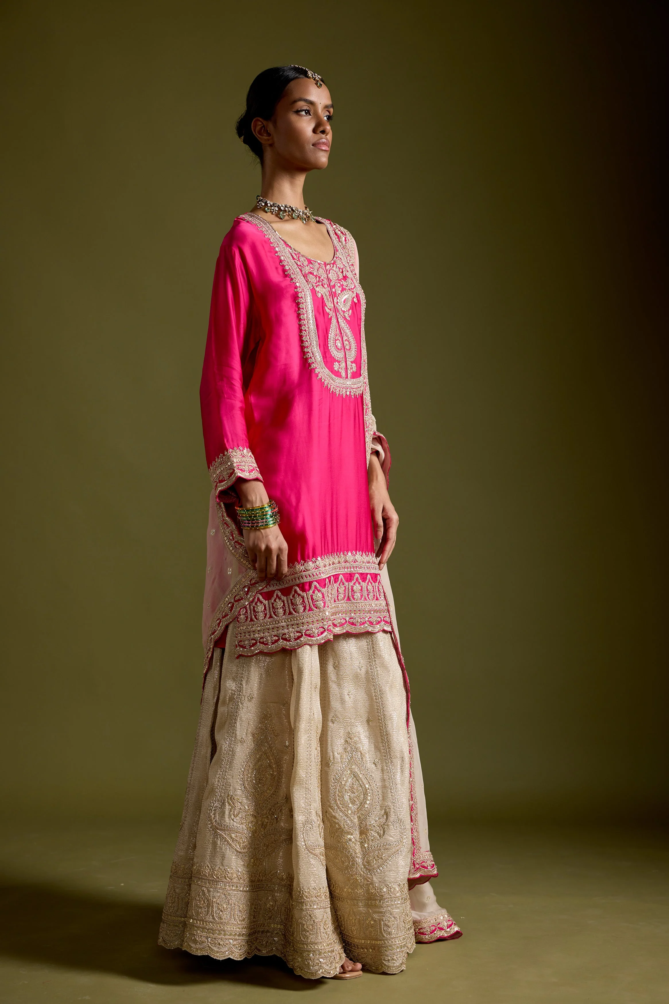Pink Embellished Satin Silk Sharara Set - Image 6