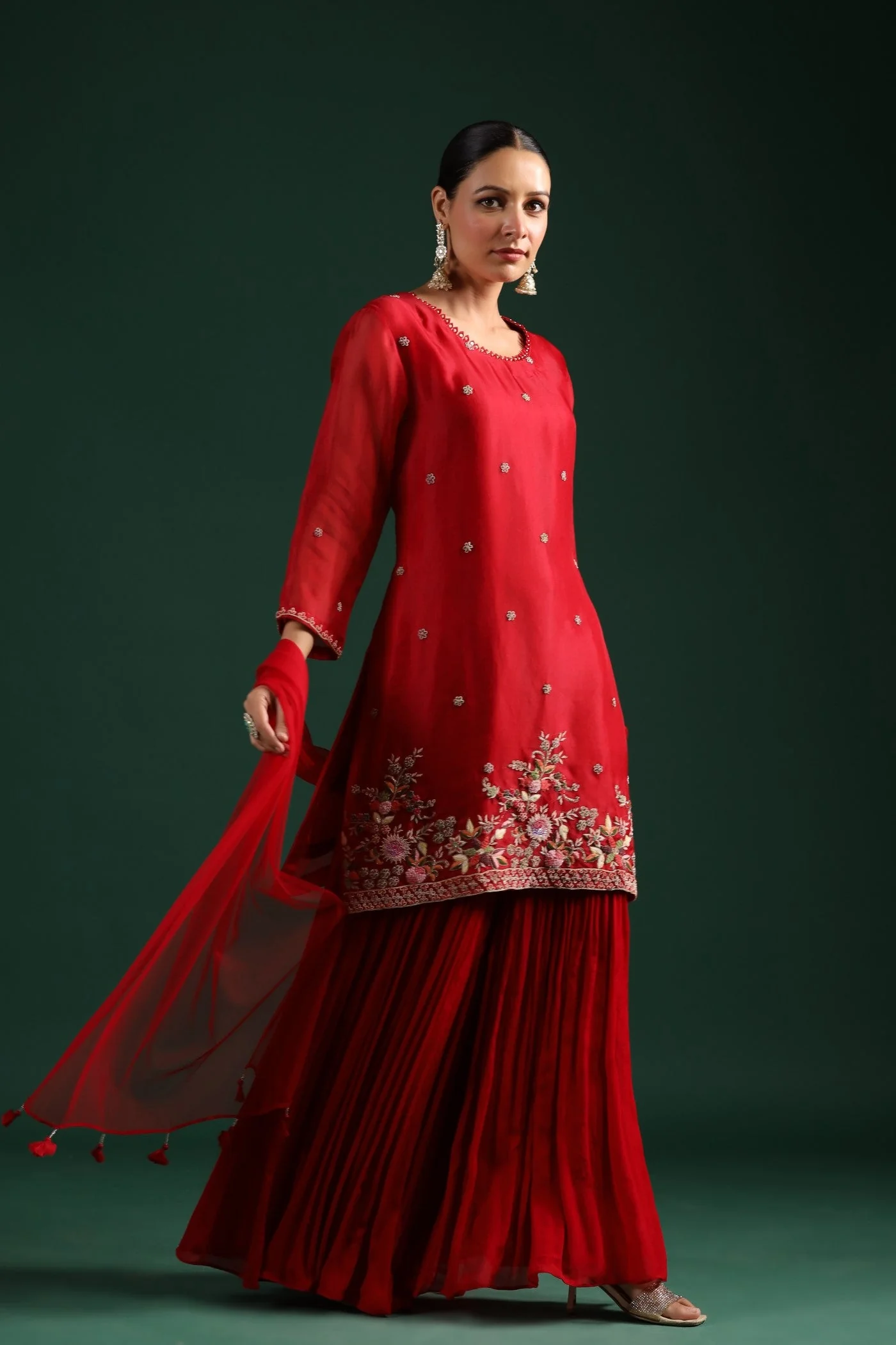 Red Embellished Sharara Set - Image 3