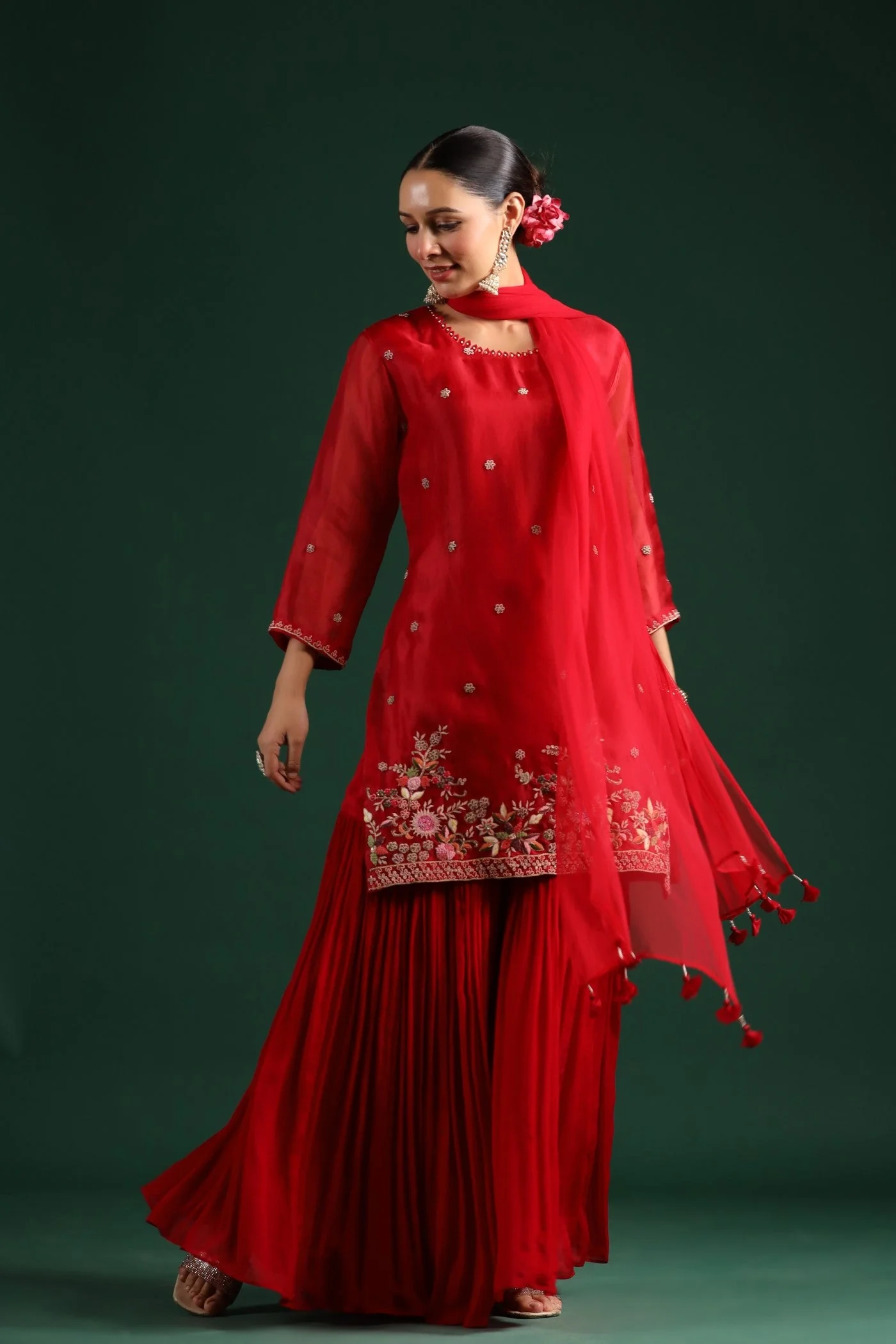 Red Embellished Sharara Set - Image 4