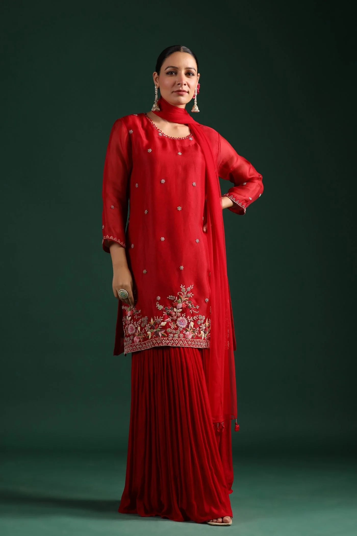 Red Embellished Sharara Set - Image 5