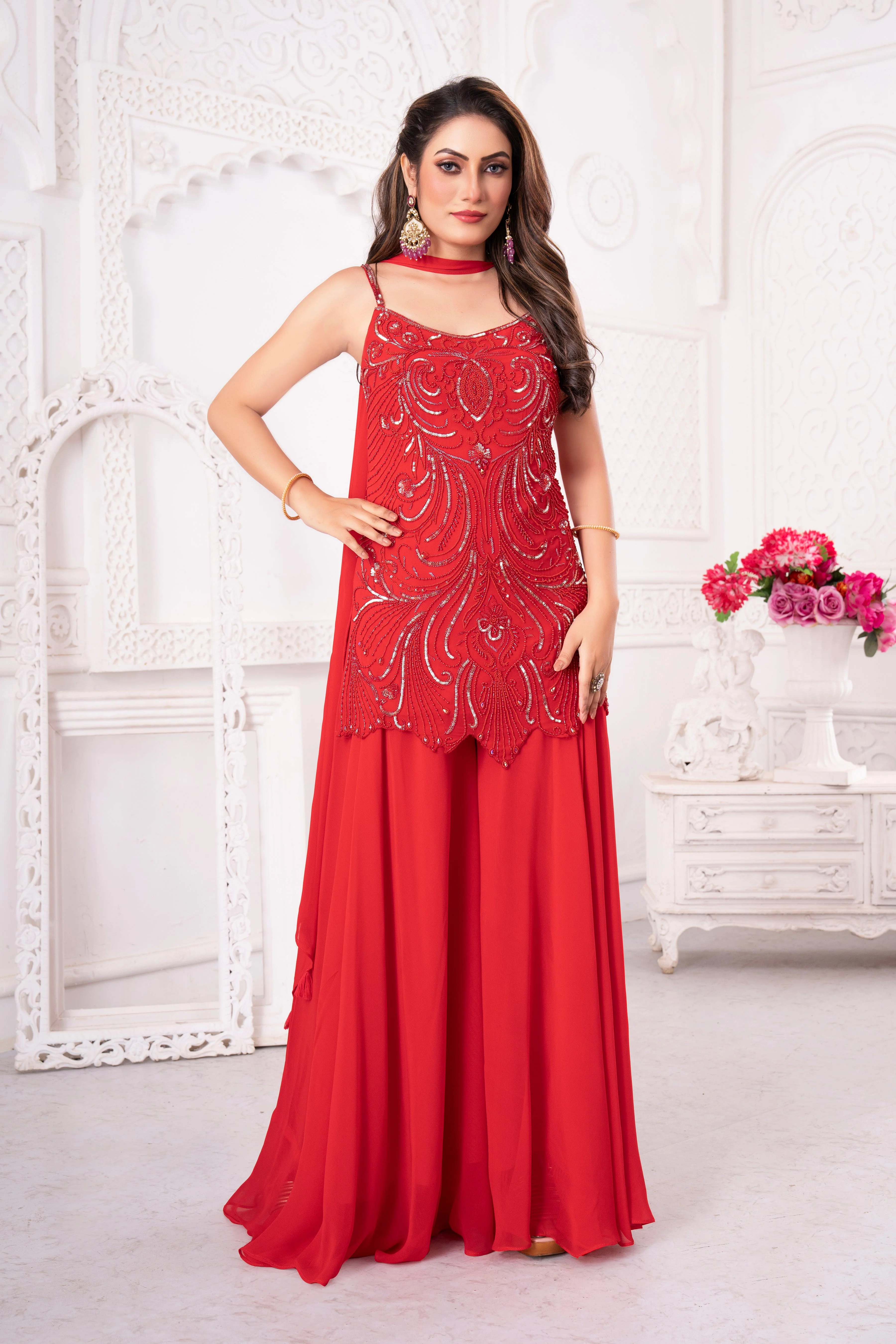 Red Embellished Tunic Palazzo Set