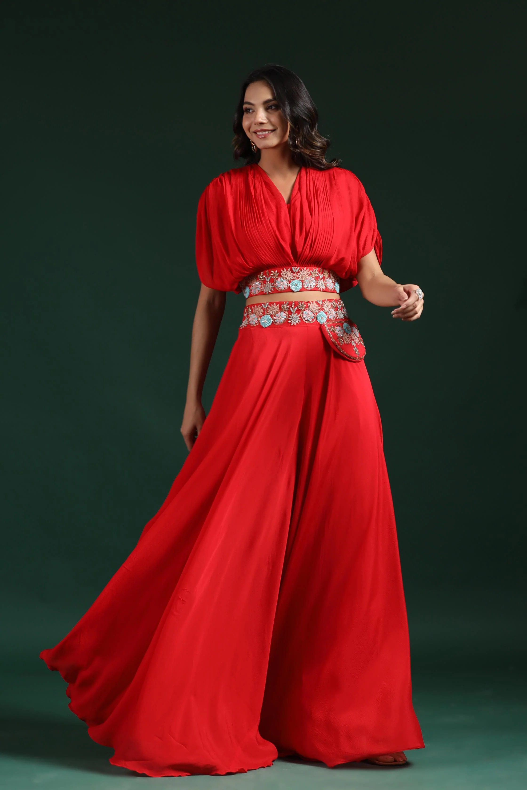 Red Embroidered Crop Top with Palazzo Set - Image 3