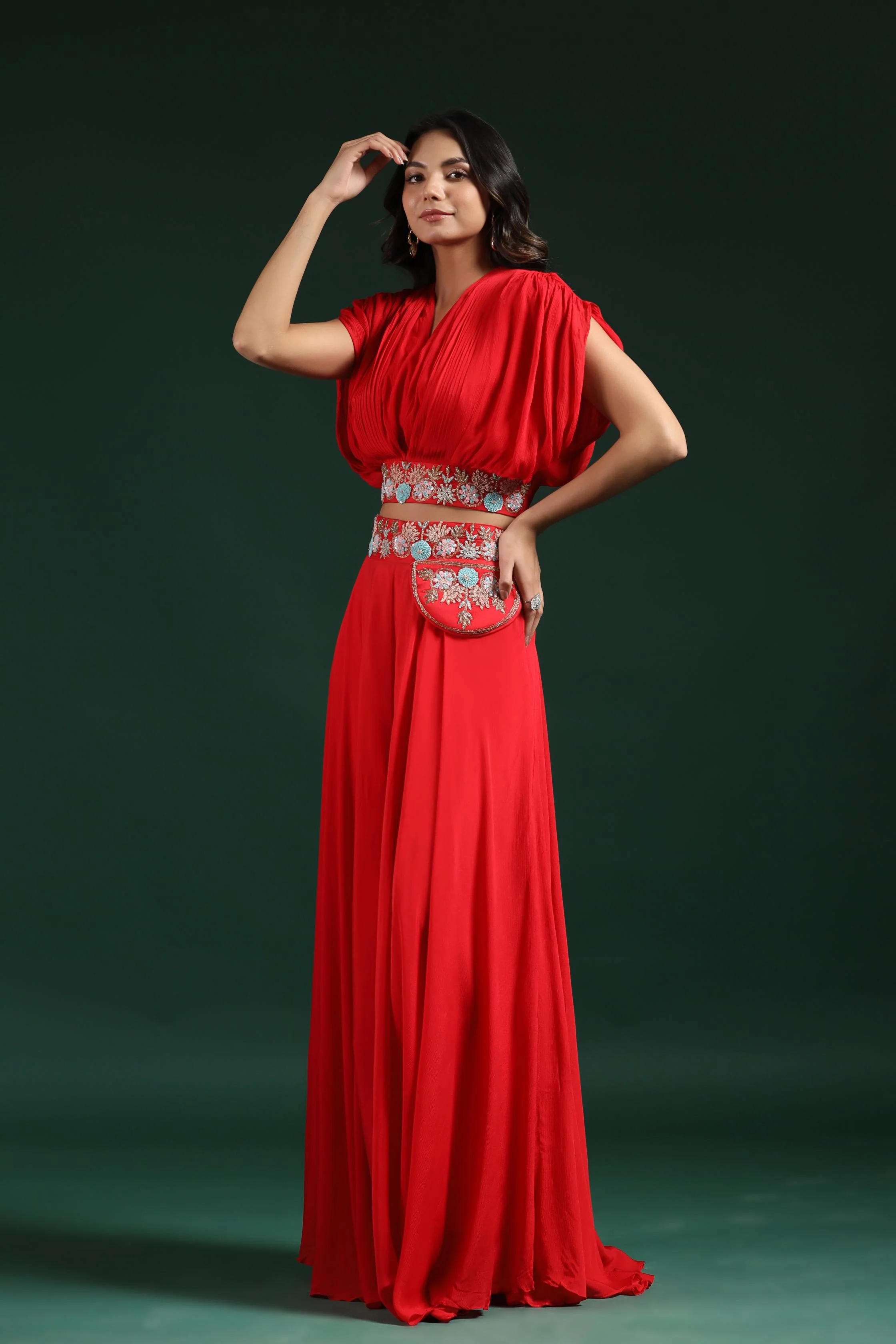 Red Embroidered Crop Top with Palazzo Set - Image 4