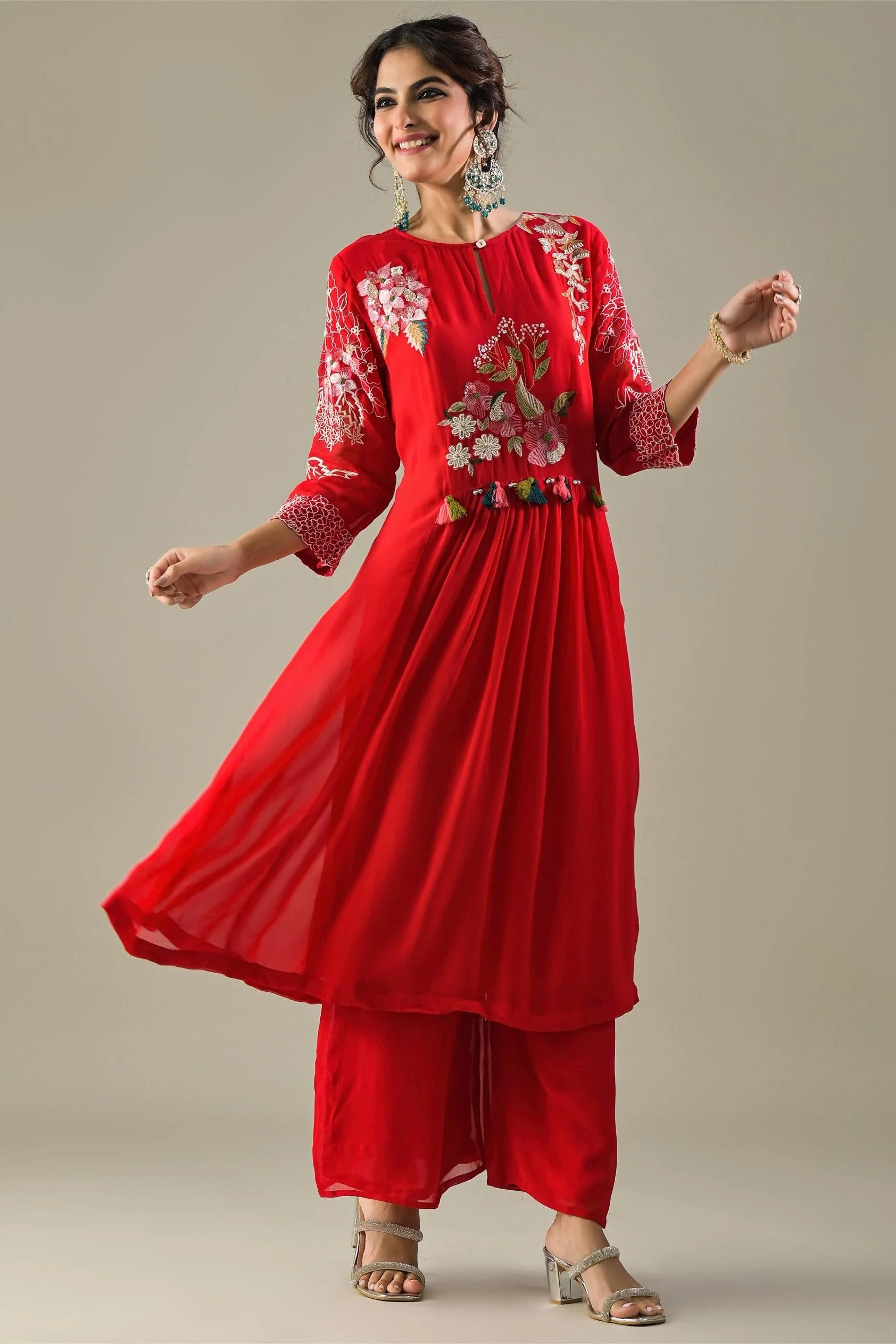 Red Embroidered Georgette Silk Kurta & Pants Set - Image 3