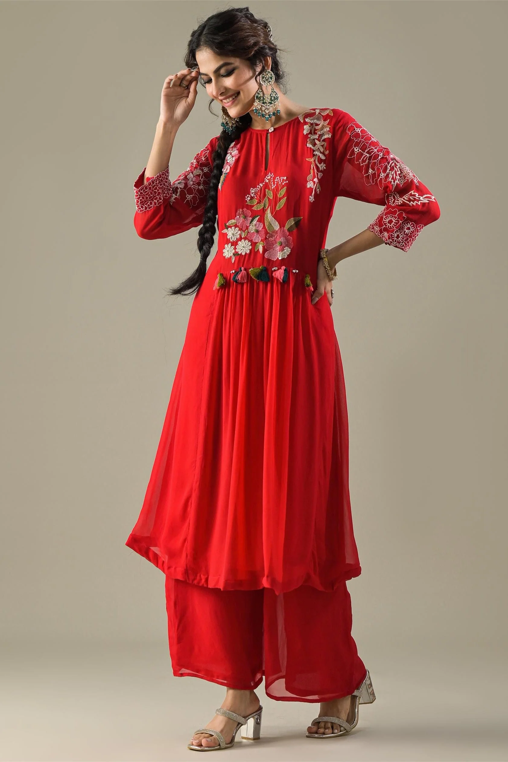 Red Embroidered Georgette Silk Kurta & Pants Set - Image 4