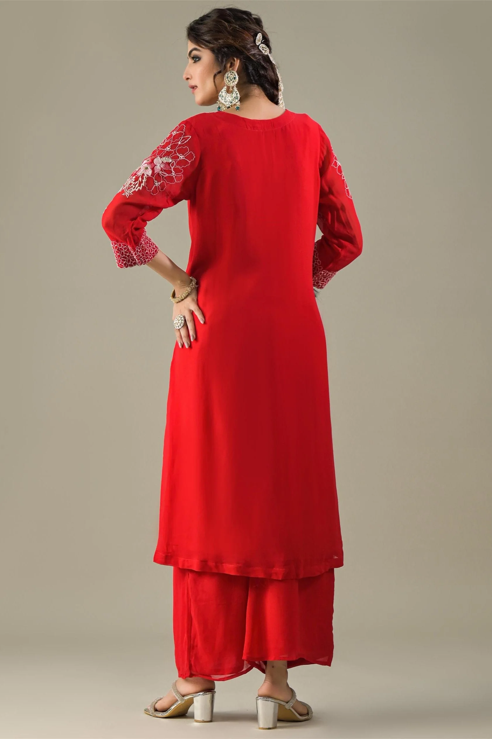 Red Embroidered Georgette Silk Kurta & Pants Set - Image 5