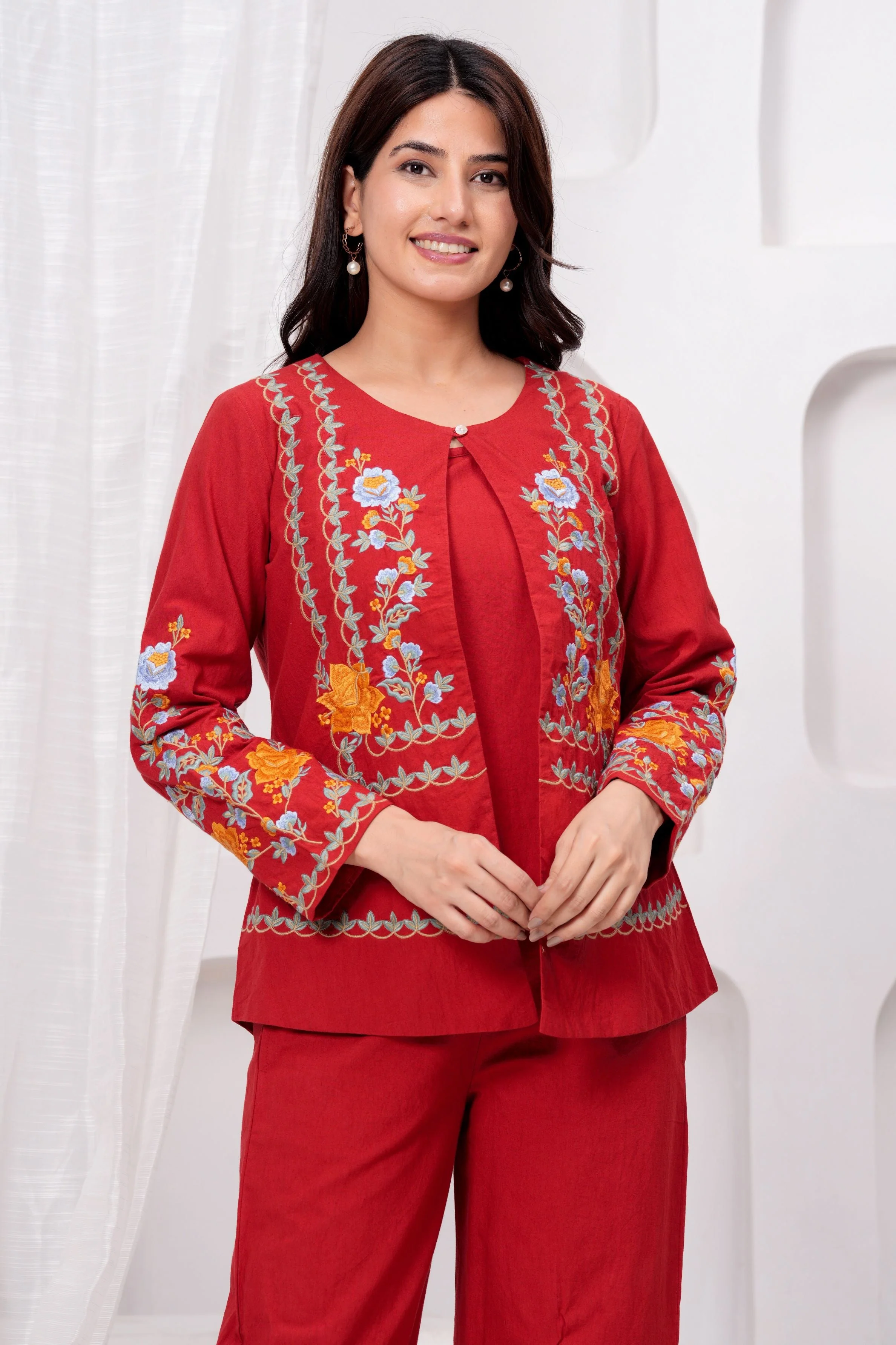 Red Embroidered Organic Cotton Jacket Co-Ord Set - Image 2