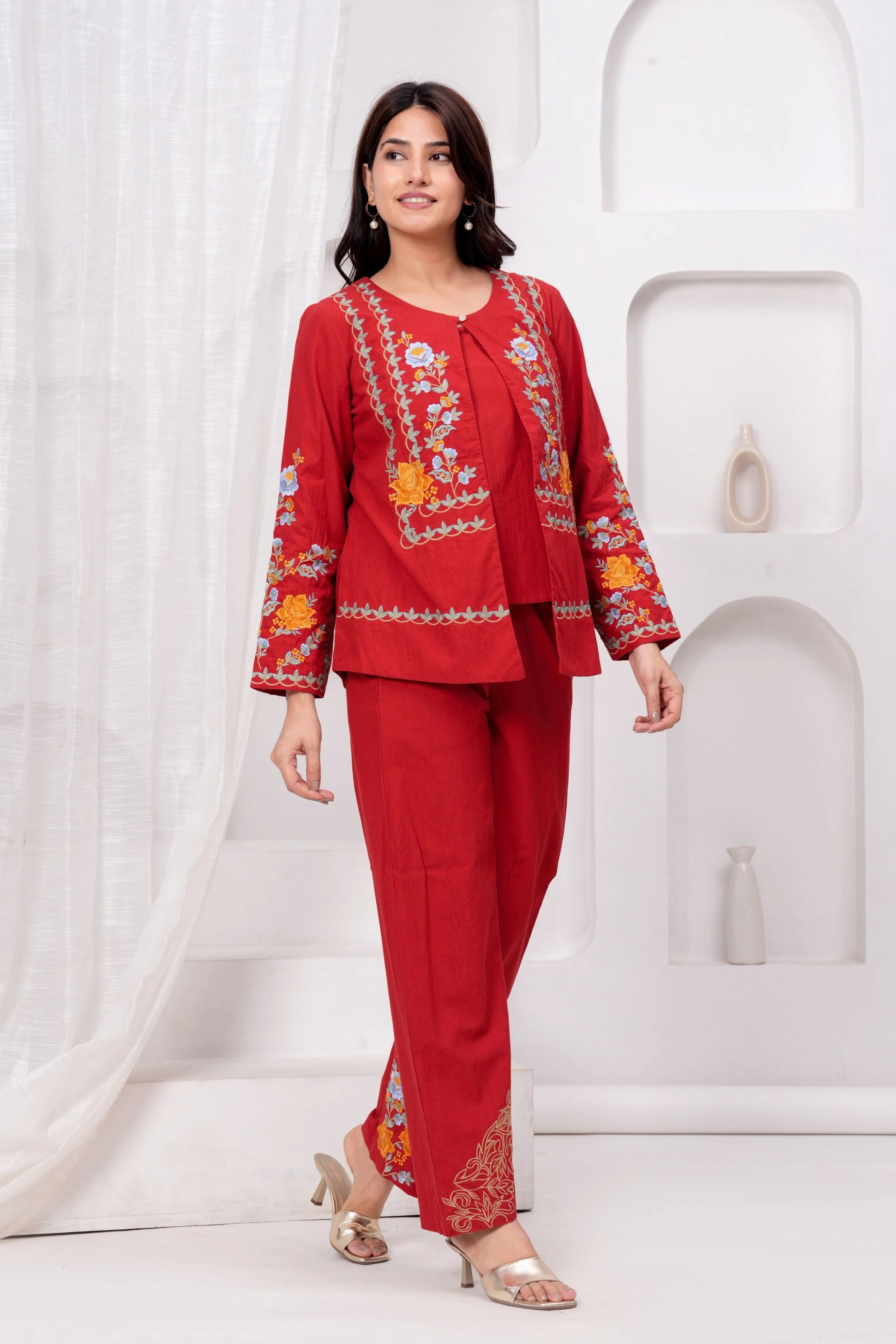 Red Embroidered Organic Cotton Jacket Co-Ord Set - Image 3