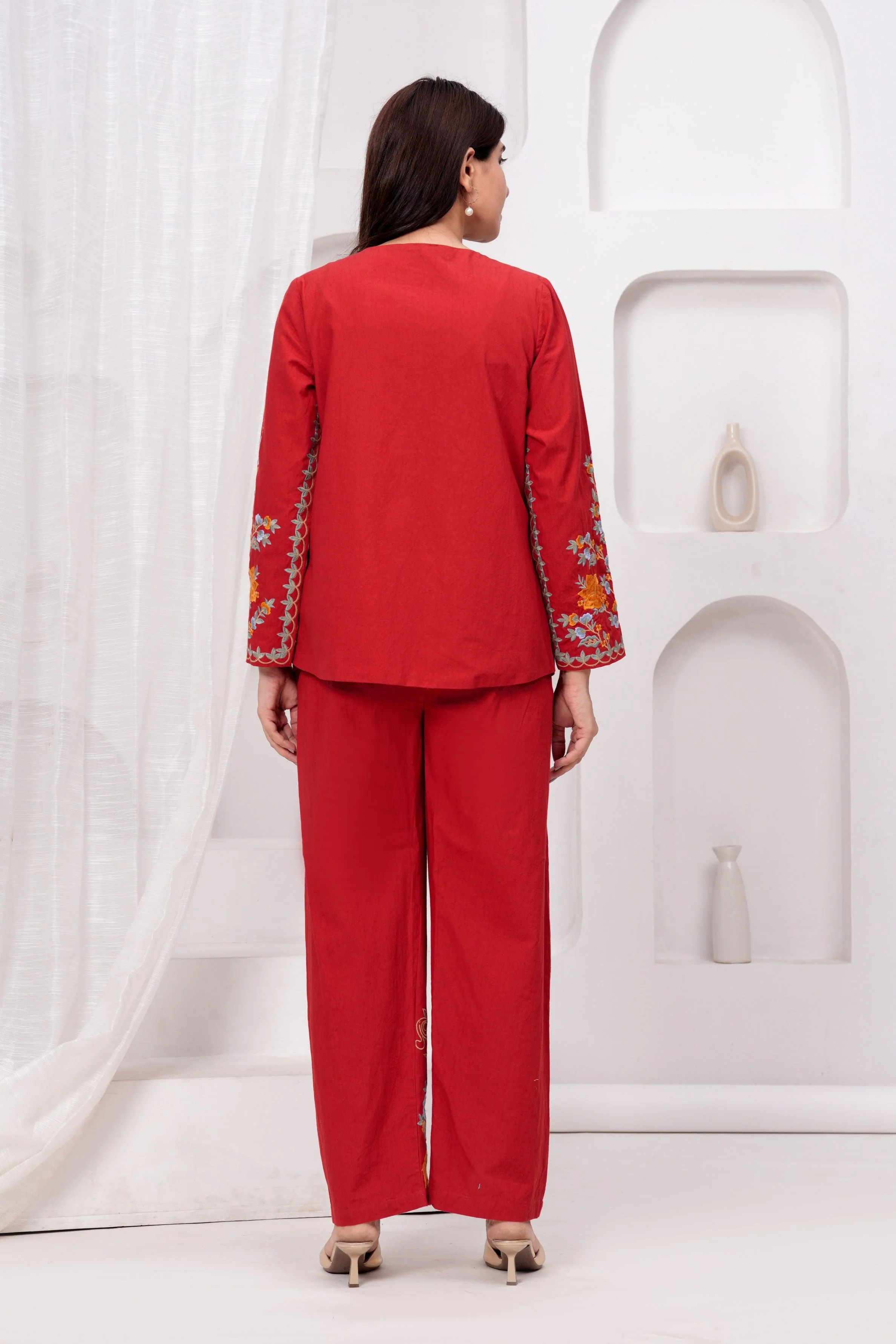 Red Embroidered Organic Cotton Jacket Co-Ord Set - Image 4
