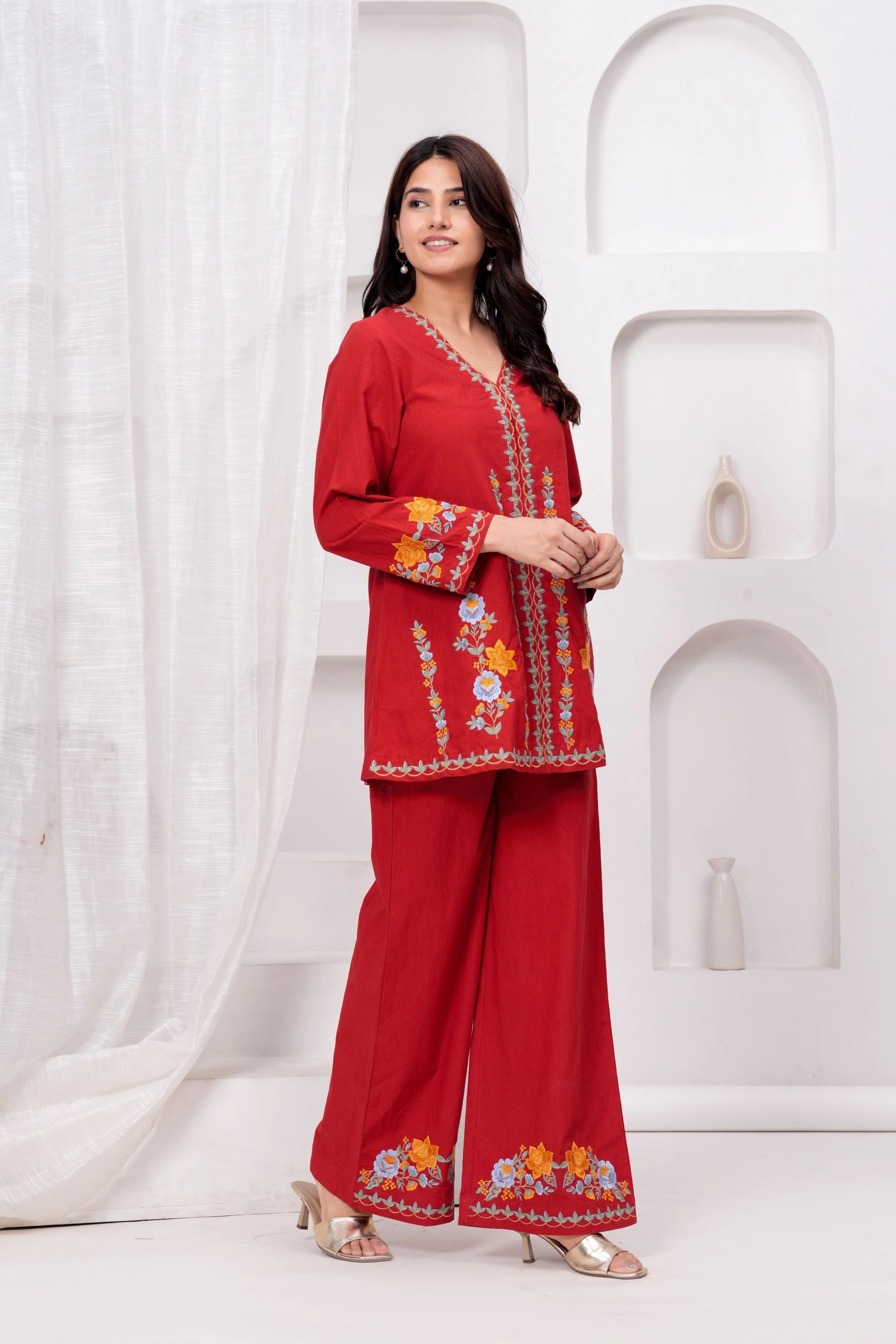 Red Embroidered Premium Cotton Co-Ord Set - Image 3