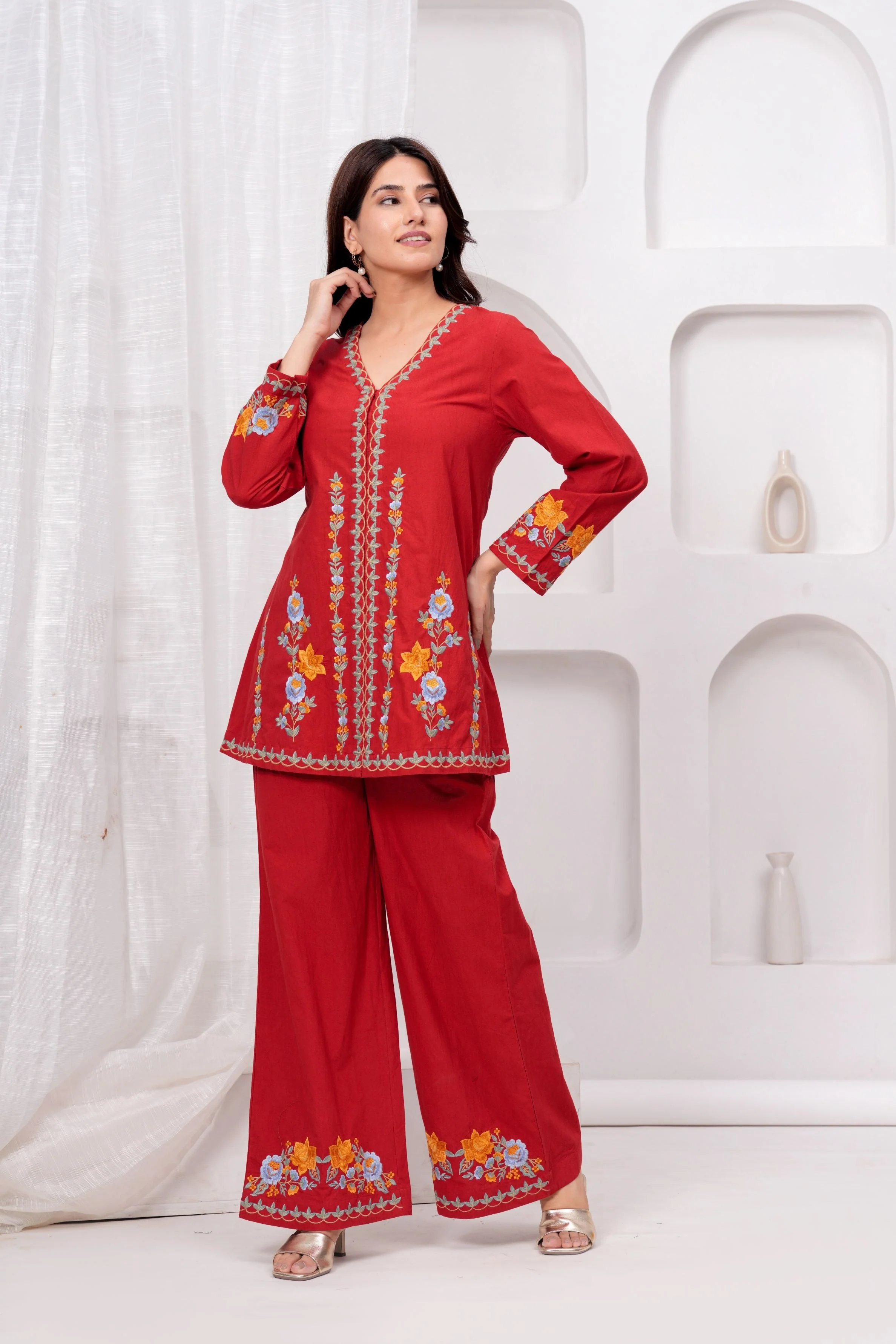 Red Embroidered Premium Cotton Co-Ord Set - Image 4