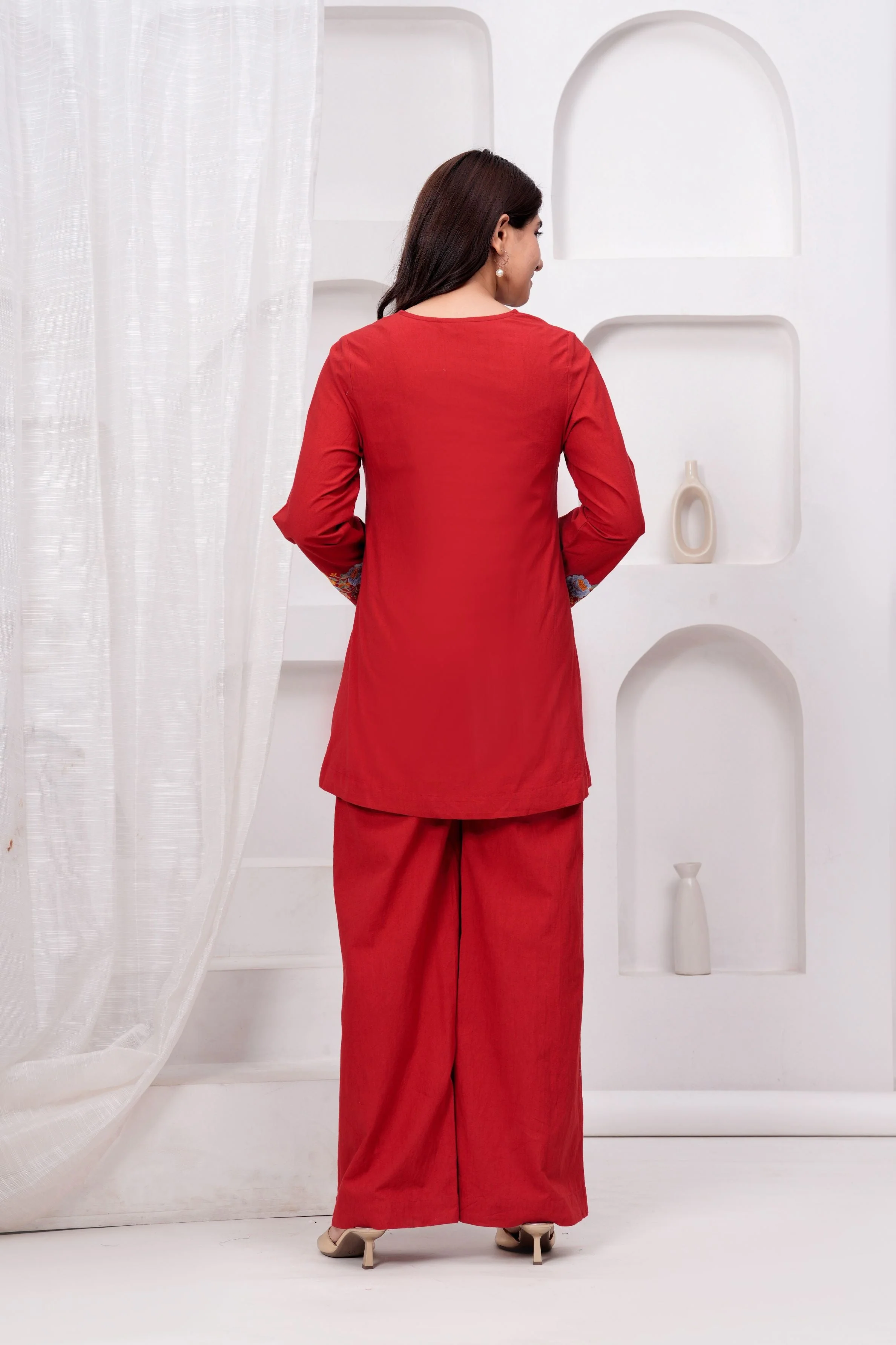 Red Embroidered Premium Cotton Co-Ord Set - Image 5