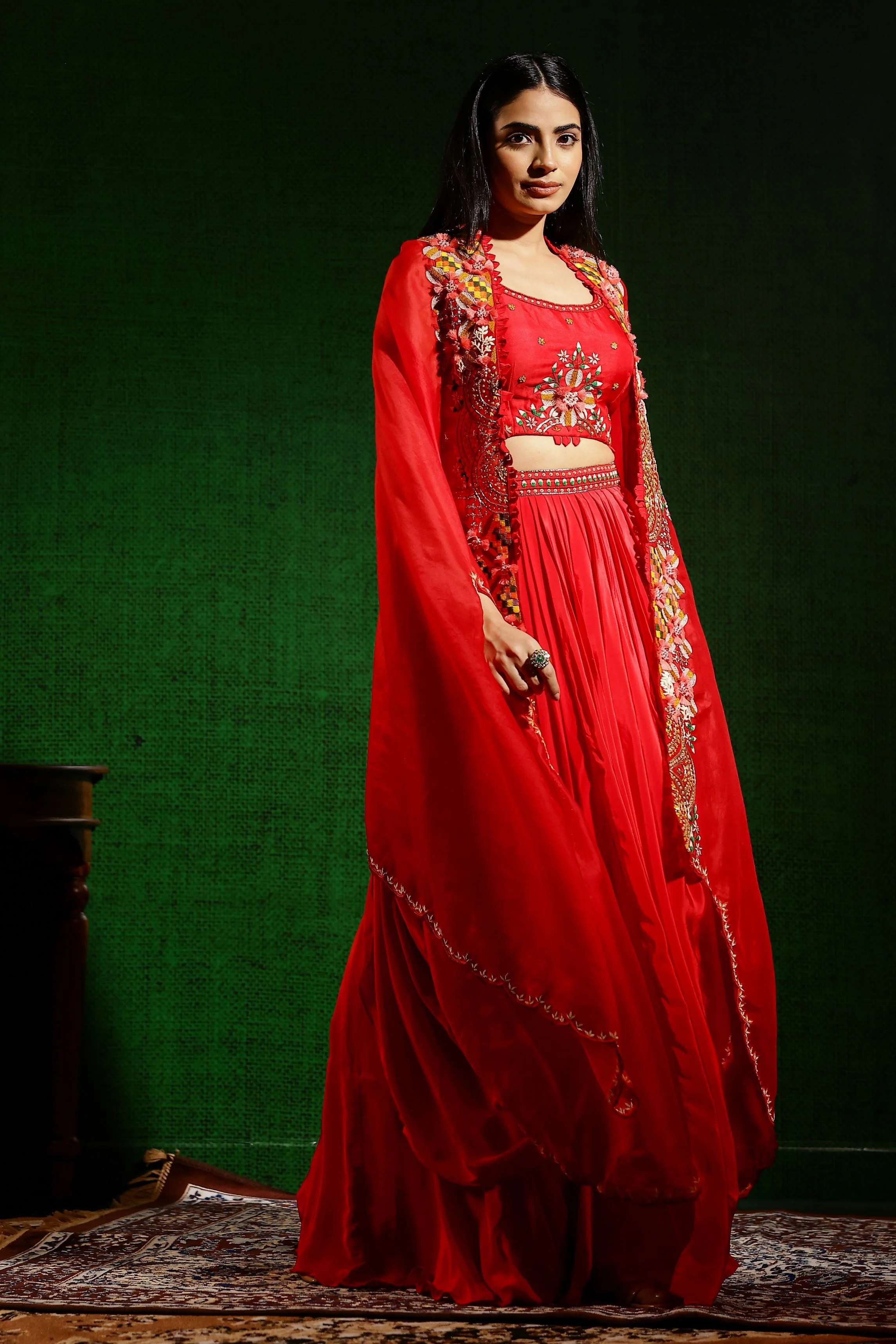 Red Embroidered Premium Organza Silk Cape Set - Image 3
