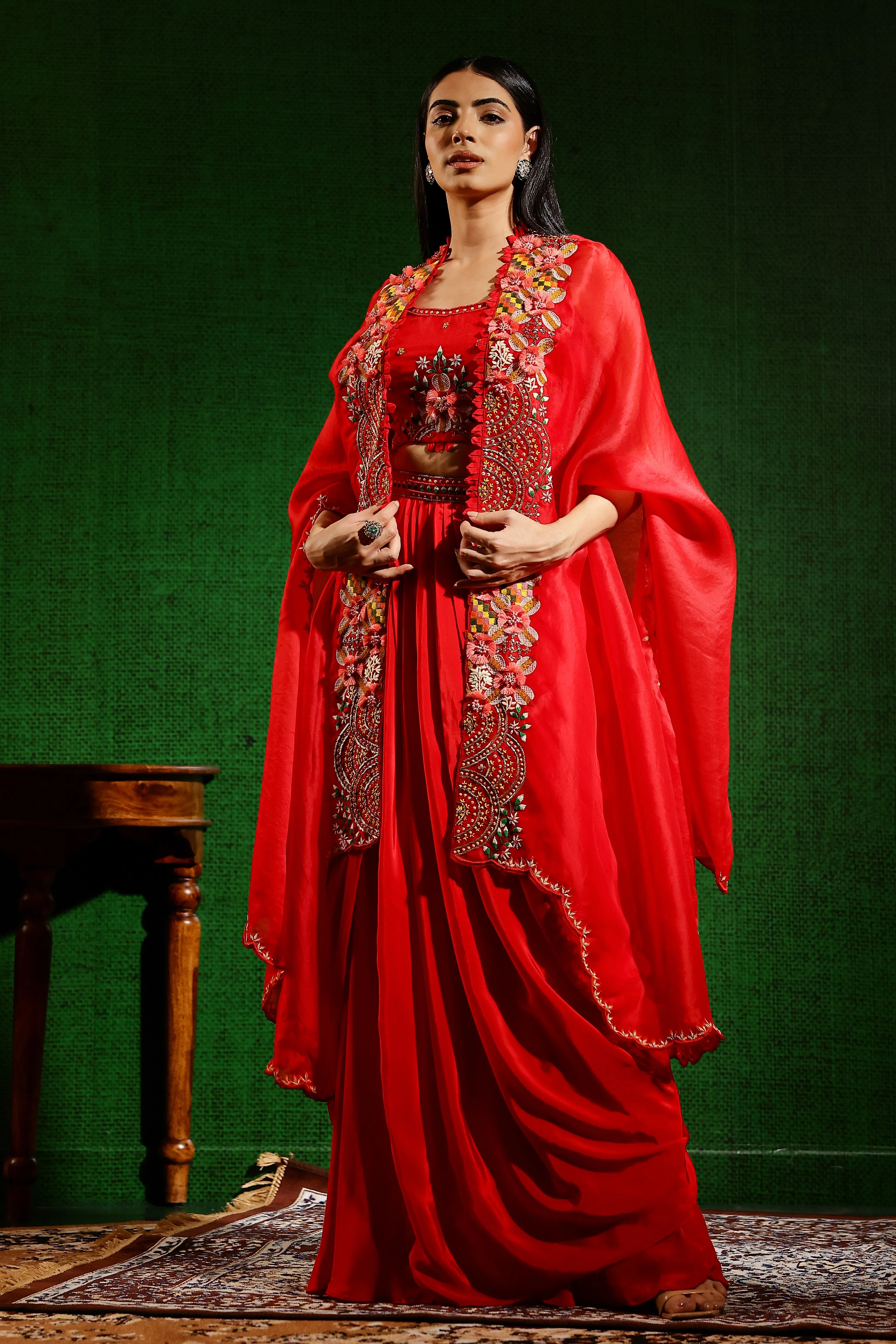 Red Embroidered Premium Organza Silk Cape Set - Image 4