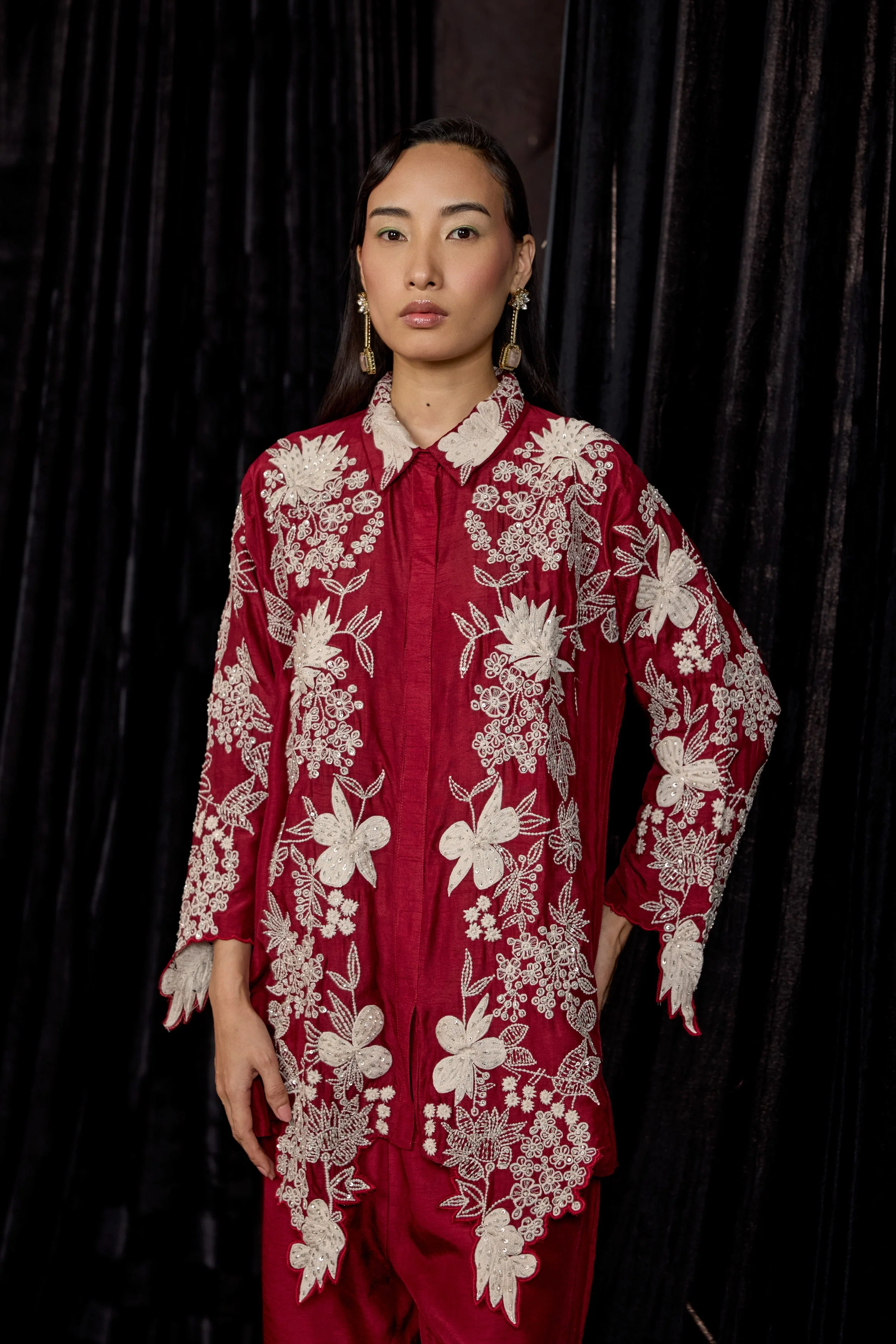 Maroon Embroidered Raw Silk Co-Ord Set - Image 2