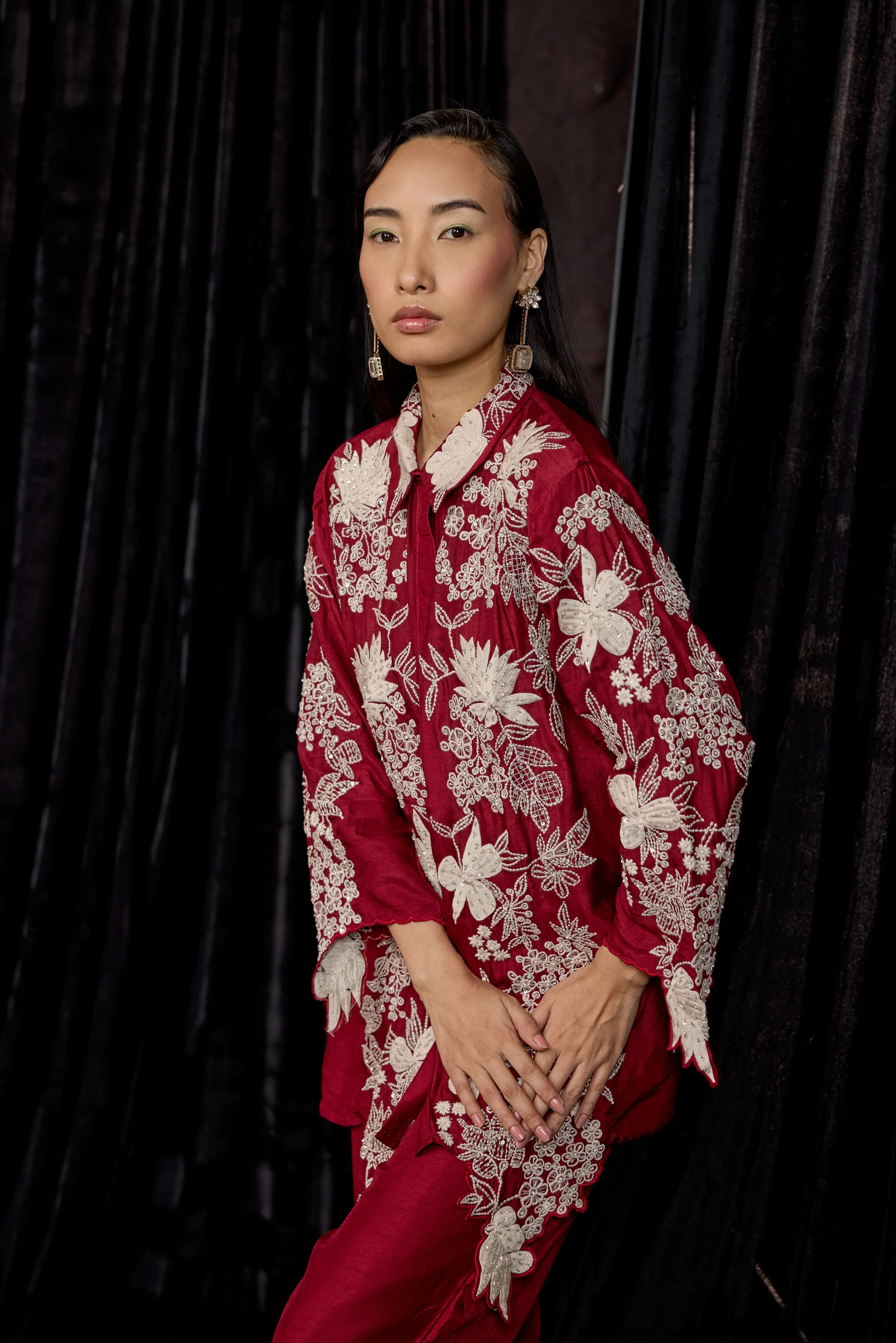 Maroon Embroidered Raw Silk Co-Ord Set - Image 3